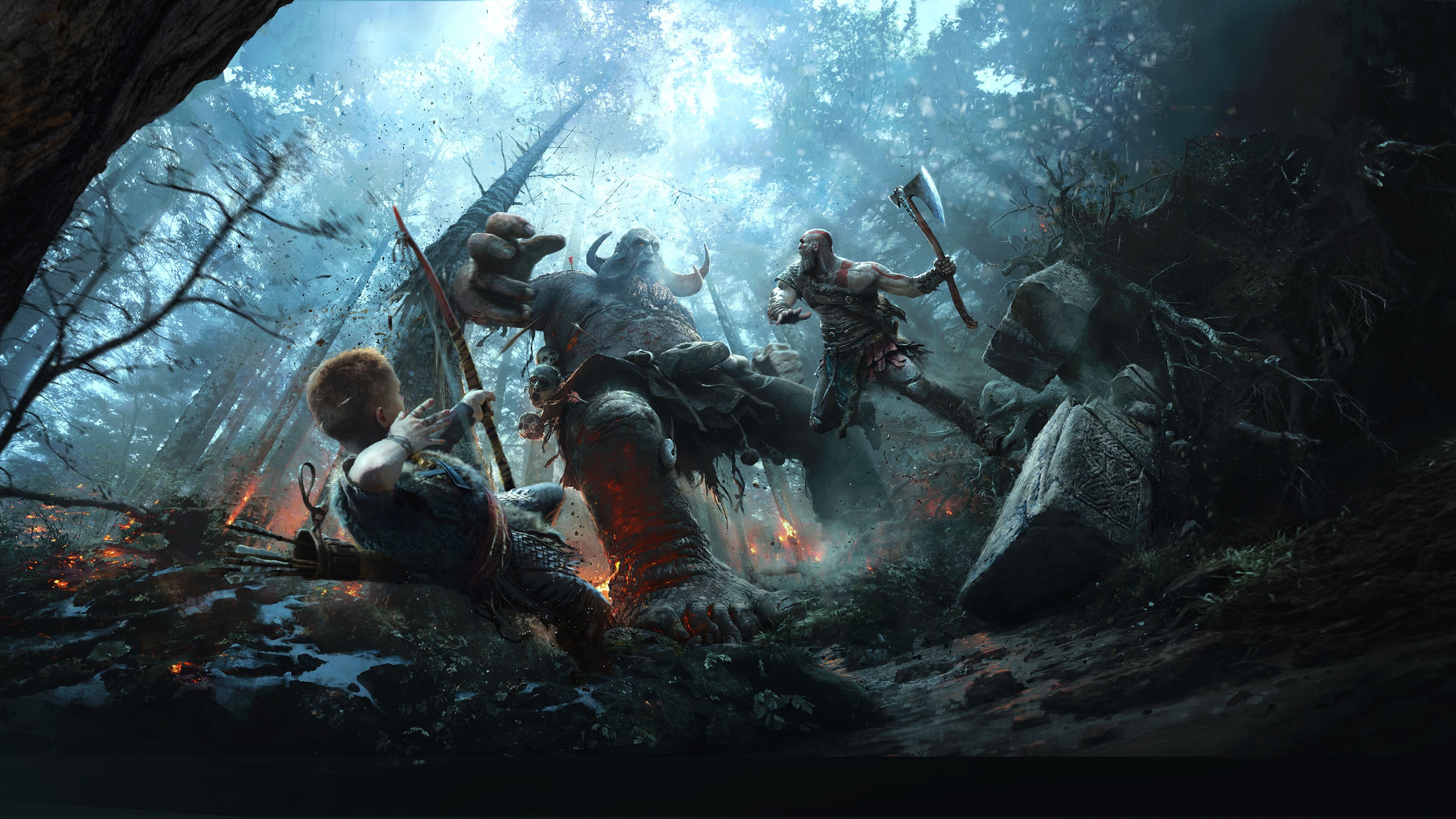Kratos battaglia foresta God of War, azione, 3840x2160 4K, Desktop 4K