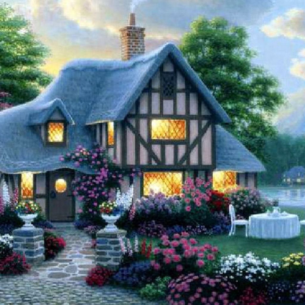 Cottage con fiori al tramonto, 1024x1024 HD, Desktop