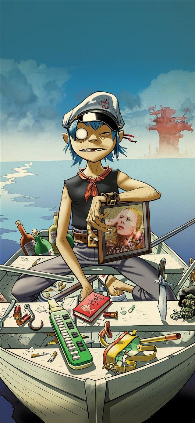 Gorillaz personaggio su barca, 640x1385 Full HD Verticale, iPhone Pro Max