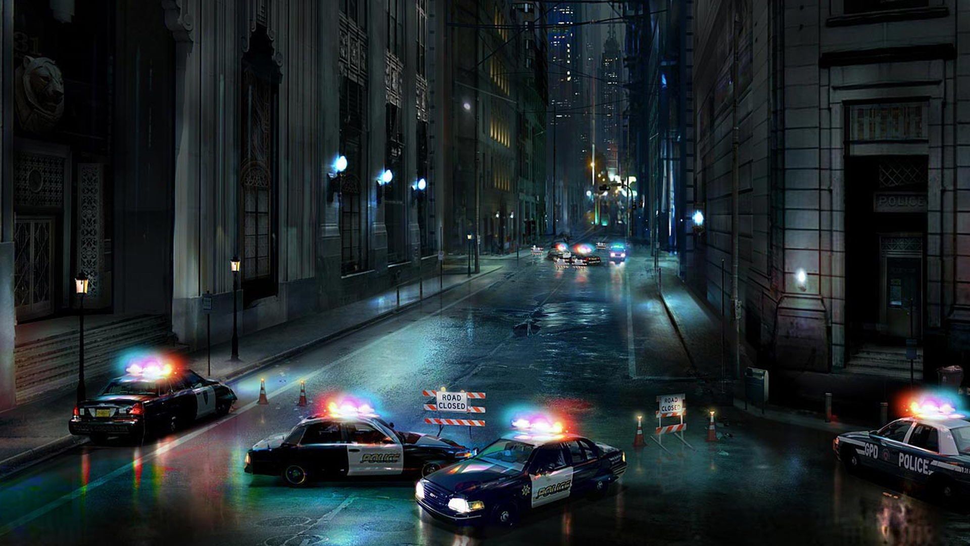 Auto polizia strada notturna Gotham, 1920x1080 Full HD, PC Desktop