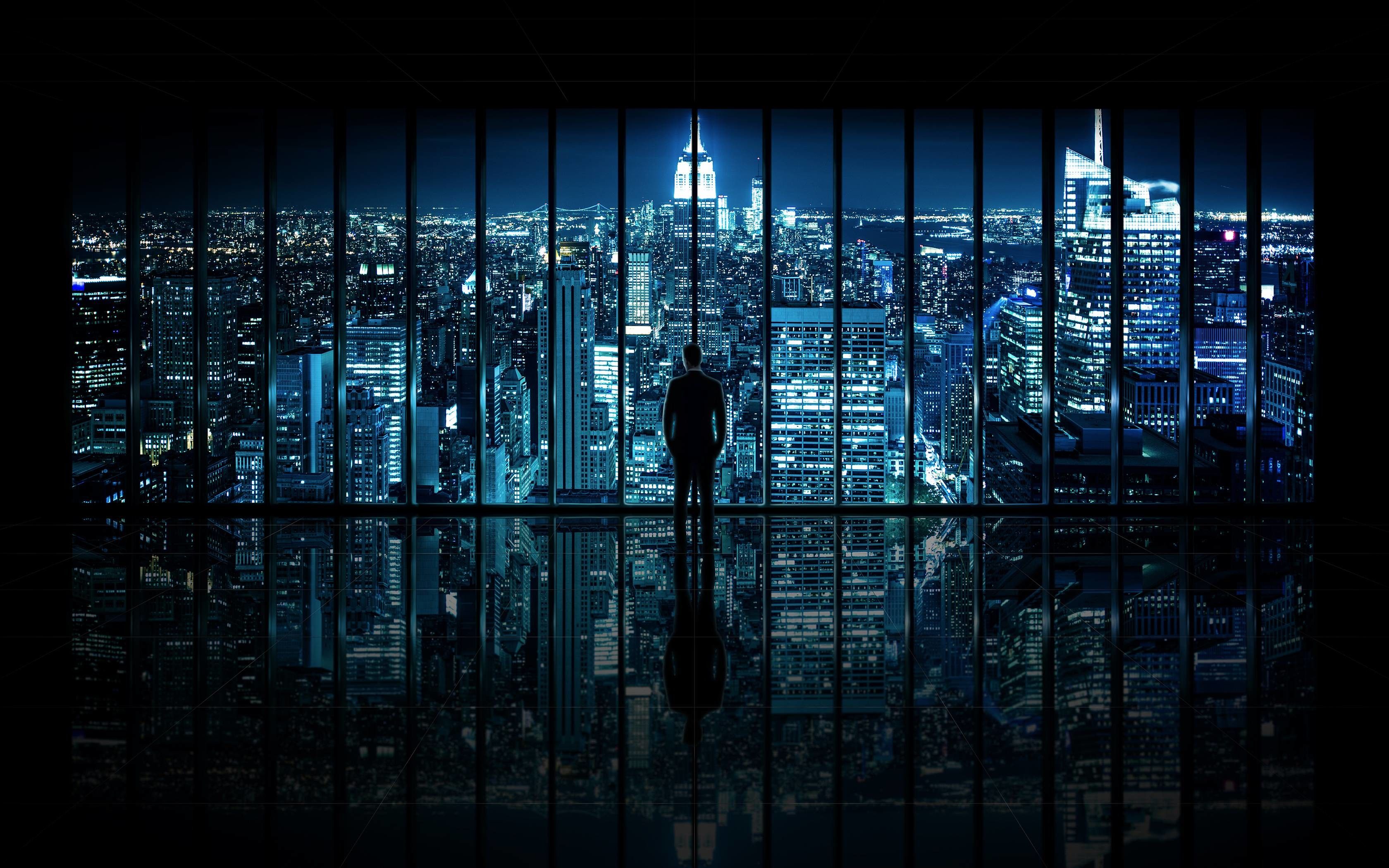 Silhouette uomo skyline notturno città, 3360x2100 2K, Monitor Gaming