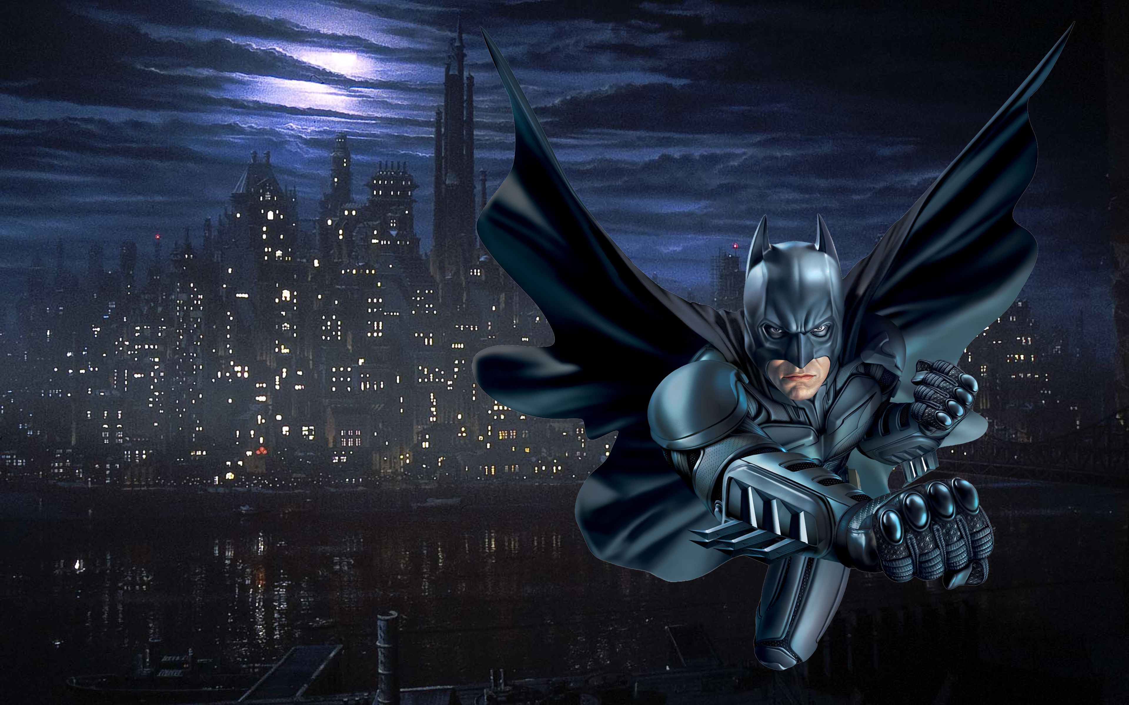 Batman in volo su Gotham City, 3840x2400 Ultra HD, Monitor 4K