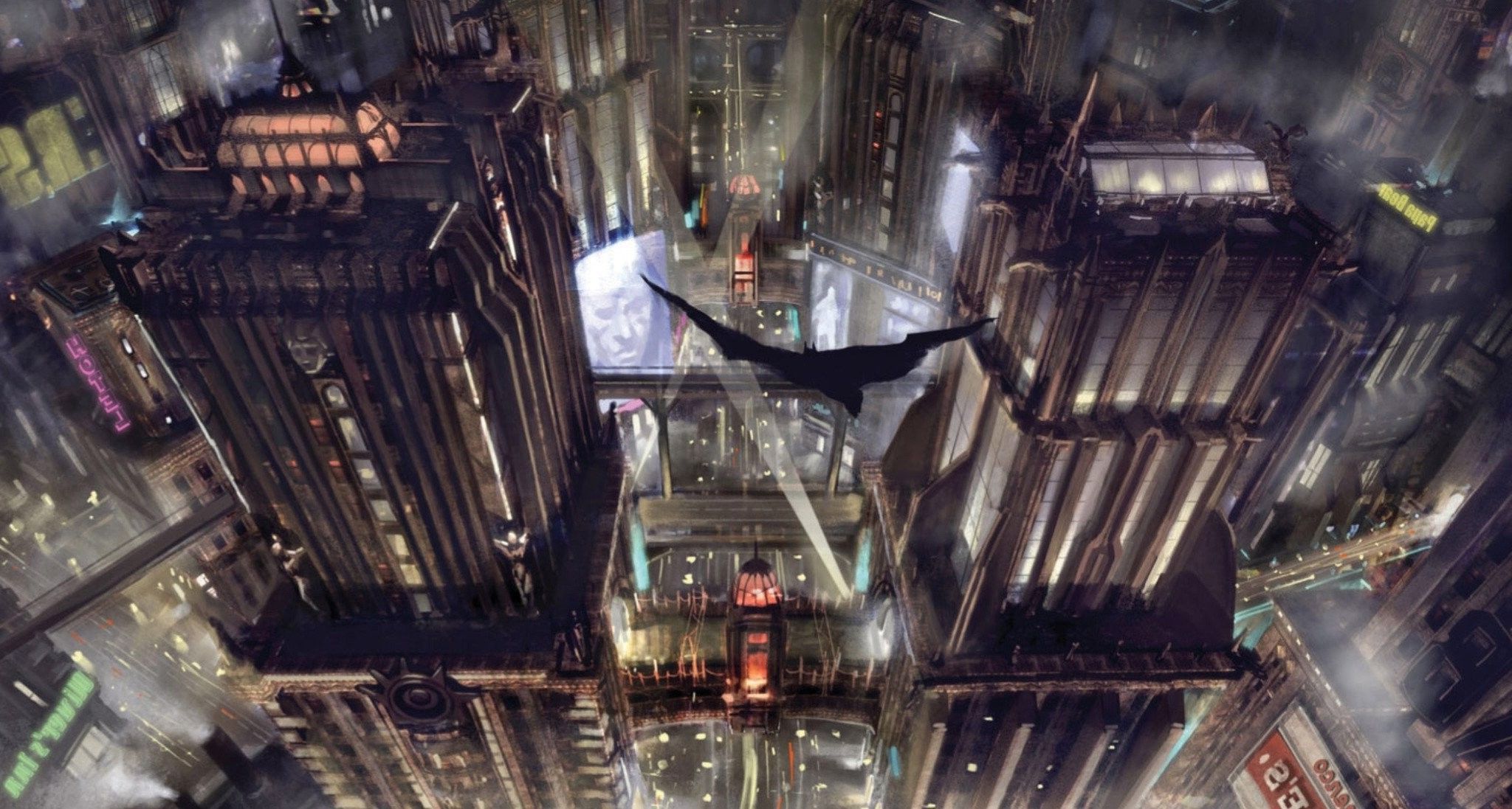 Batman in volo su Gotham City, 2048x1097 alta risoluzione, Desktop