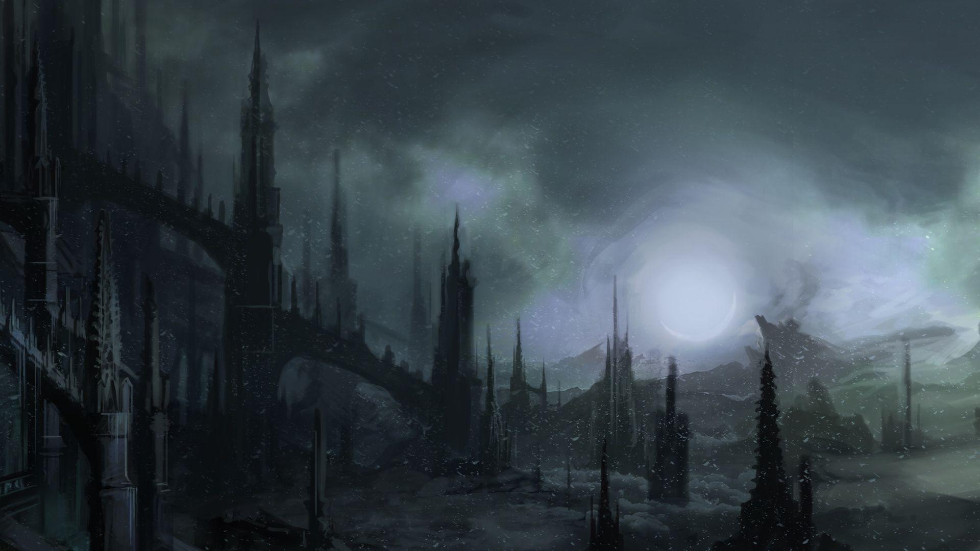Città gotica scura con guglie, 1920x1080 1080p, Dell XPS