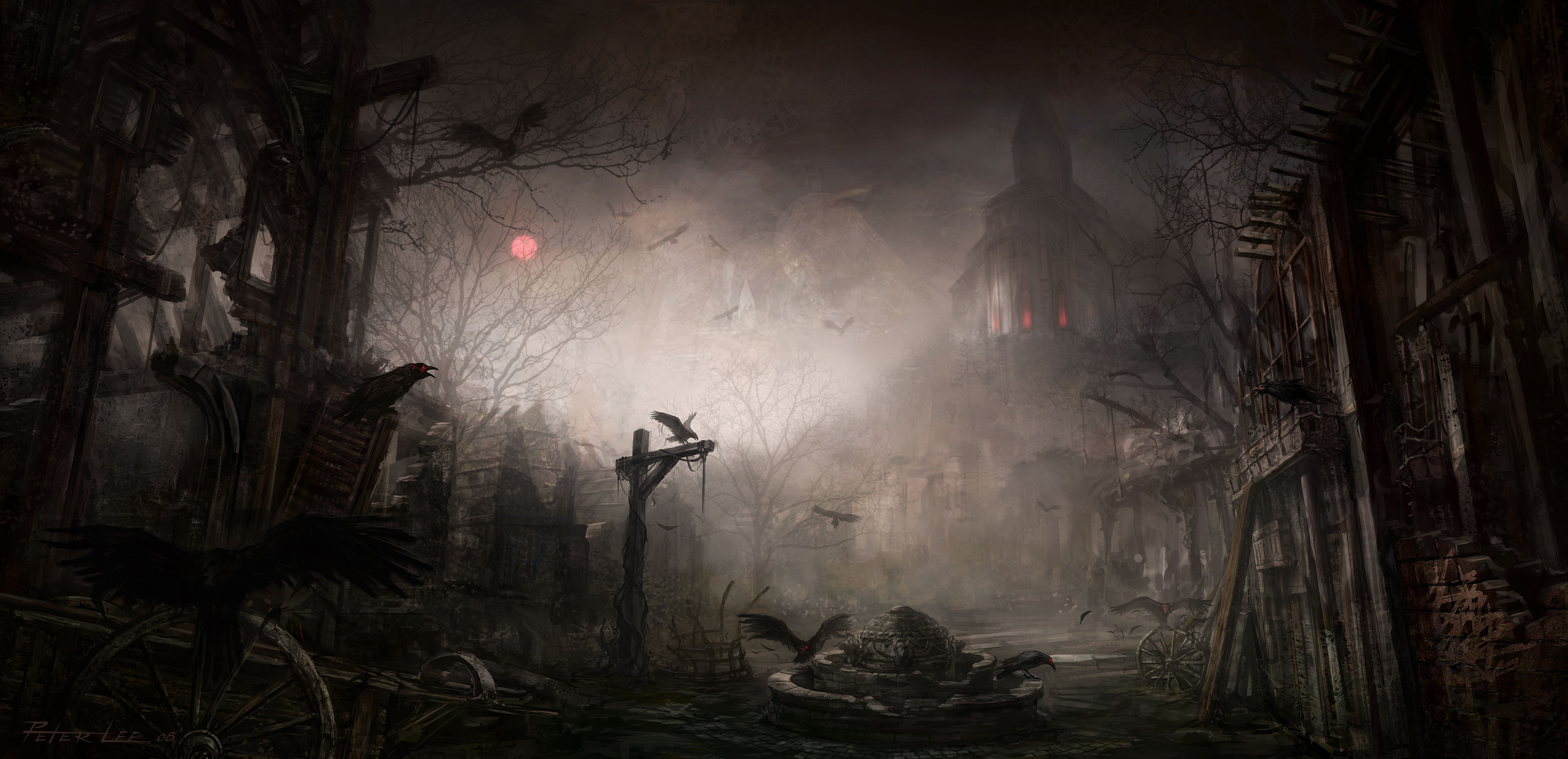 Villaggio gotico oscuro nebbioso, 6000x2903 UHD, PC 4K