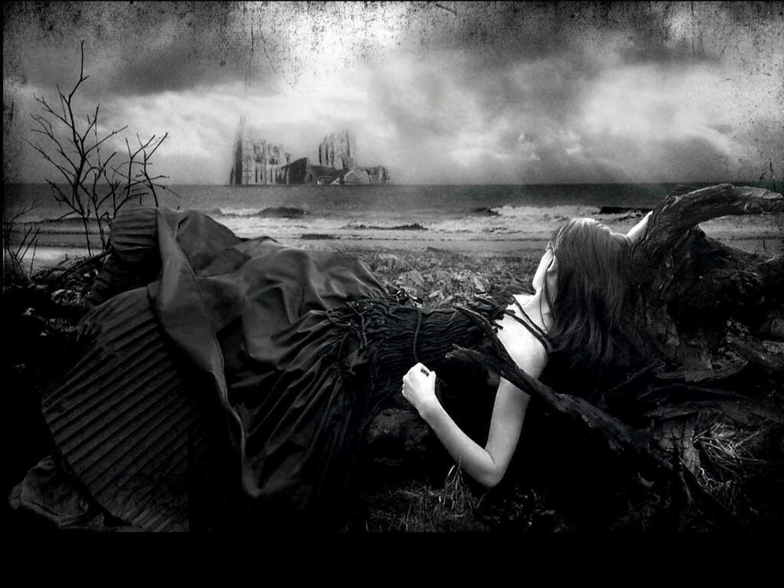 Donna gotica corvo castello bianco nero, 1600x1200 HD, Desktop