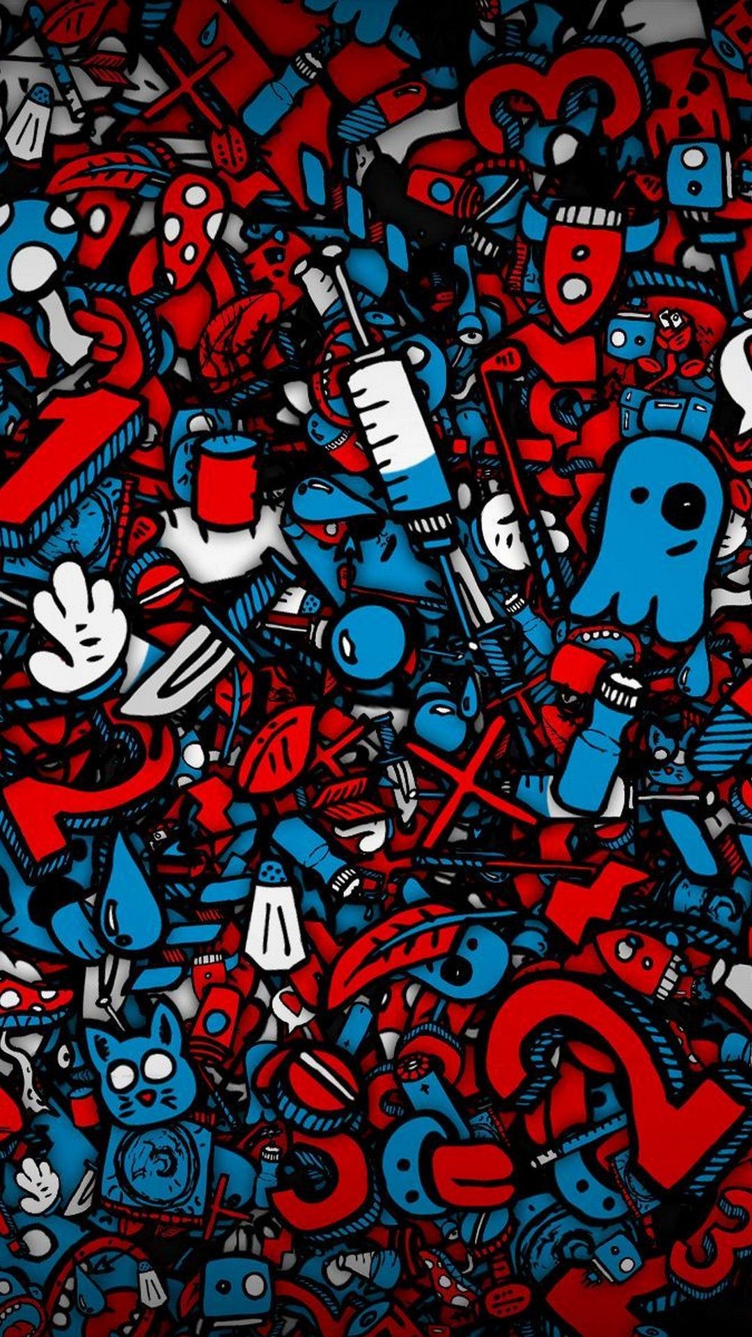 Graffiti doodle rosso e blu, 1080x1920 Full HD Verticale, Smartphone