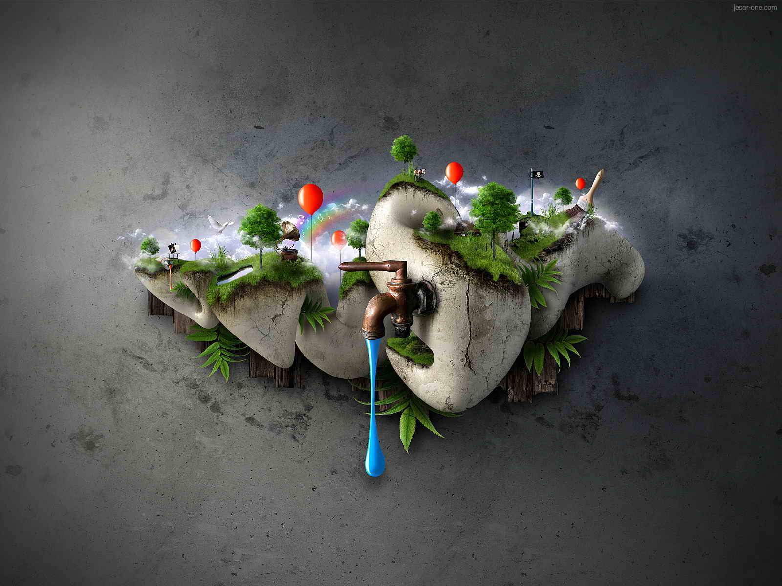 Isola fluttuante 3D con alberi, 1600x1200 HD Ready, Desktop