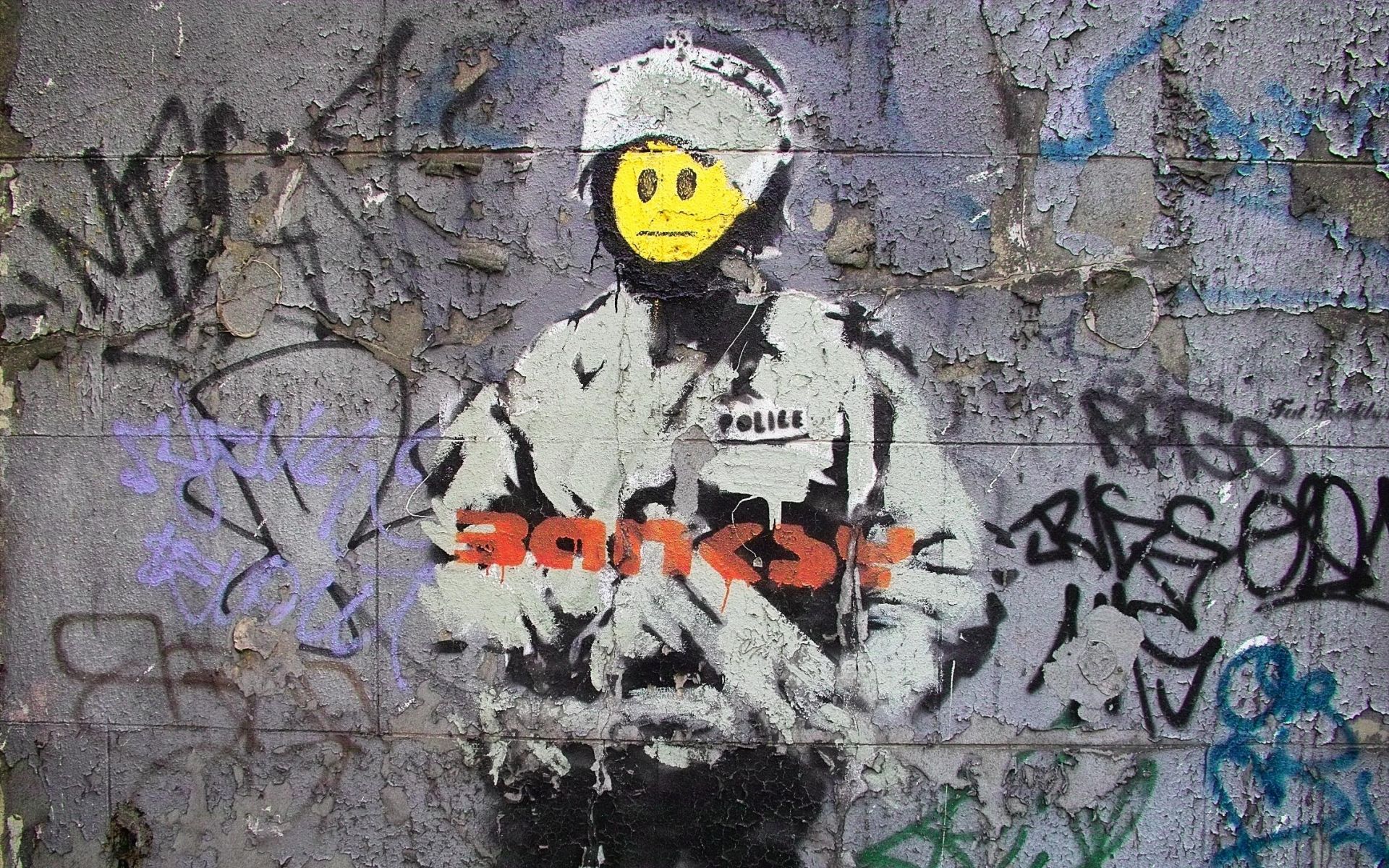 Graffiti poliziotto Banksy smiley, 1920x1200 Full HD+ WUXGA, Laptop