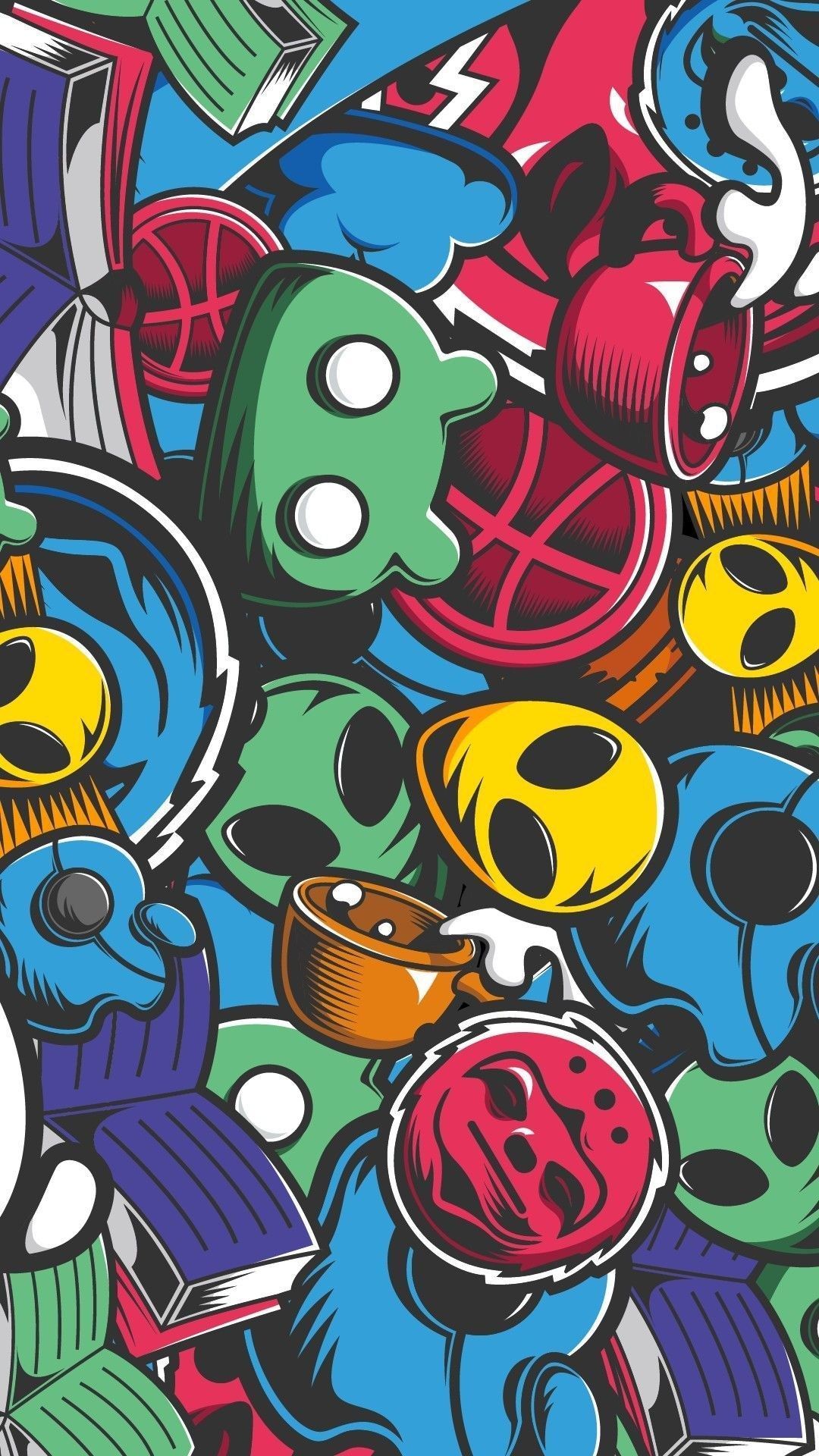 Personaggi graffiti colorati stile BAPE, streetwear giapponese, 1080x1920 Full HD Verticale, Smartphone
