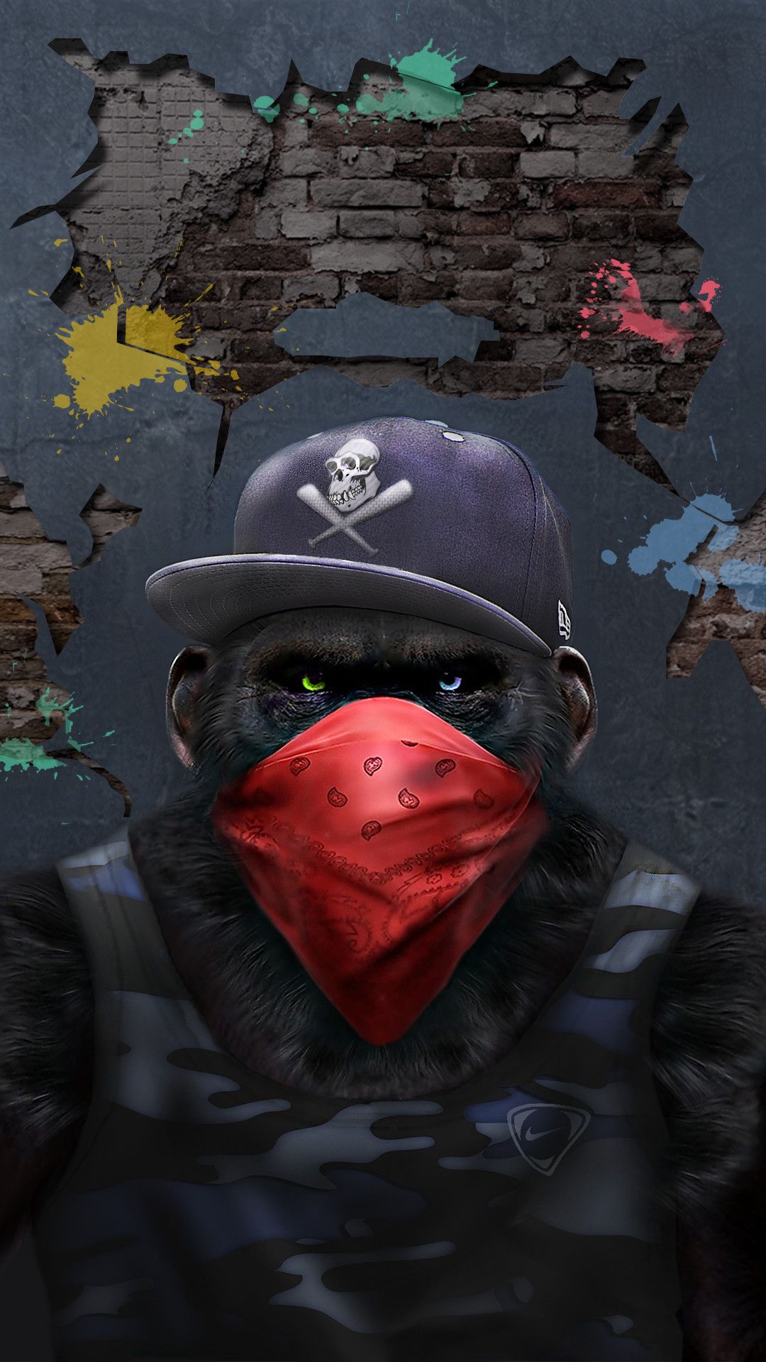 Gorilla graffiti bandana rossa, 1080x1920 Verticale, Mobile