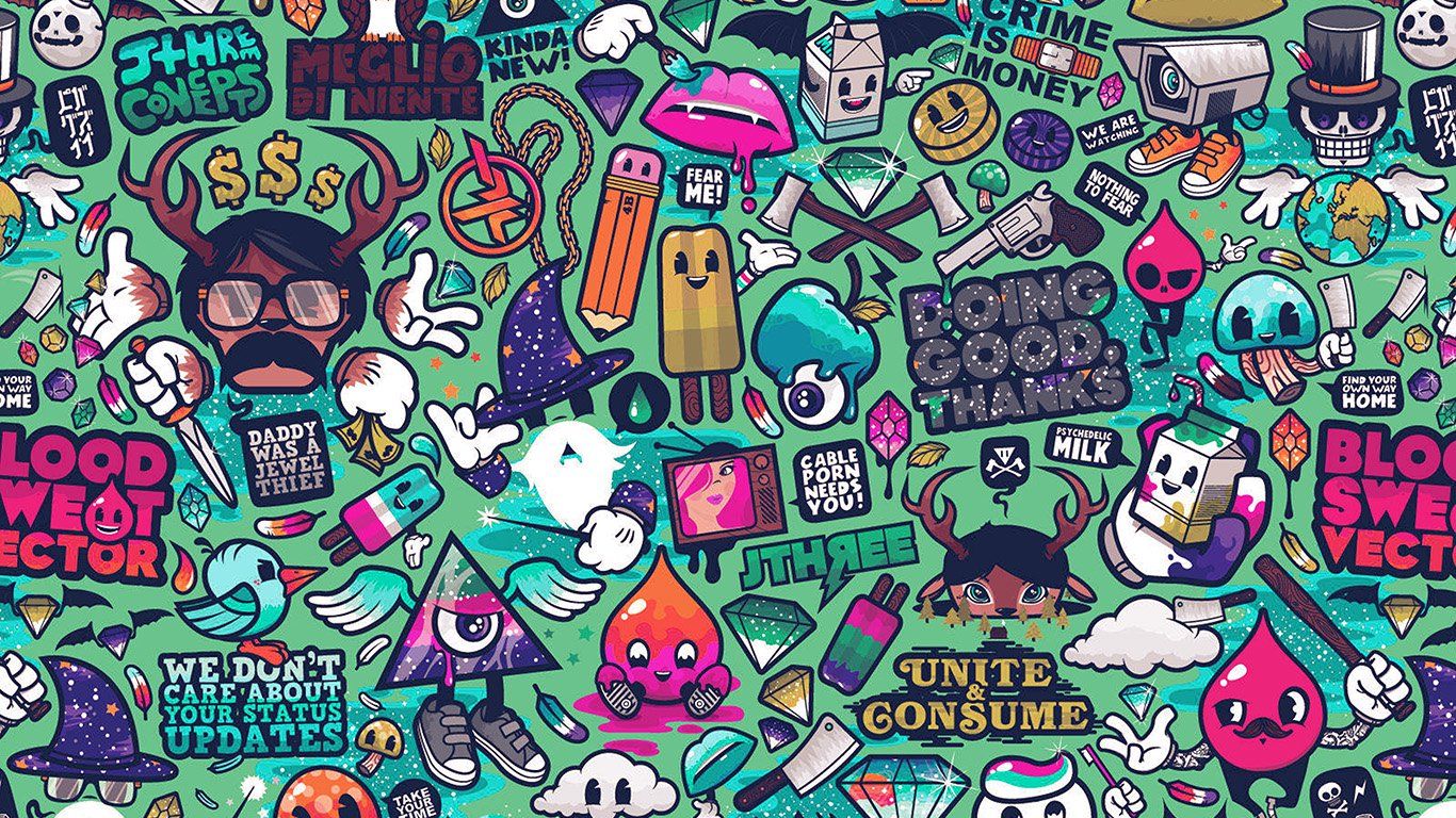 Graffiti pattern personaggi colorati, street art, 1366x768 720p, ROG Asus Laptop