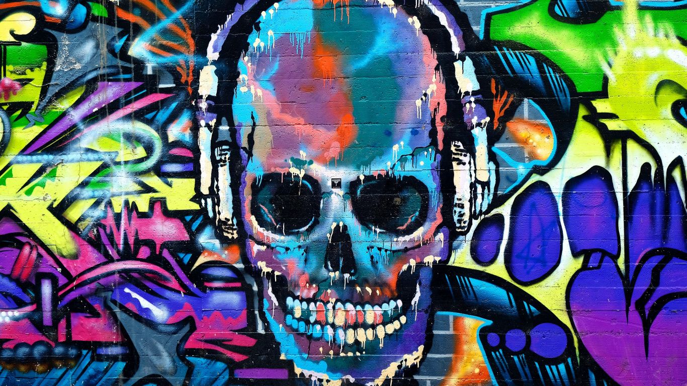 Teschio graffiti colorato cuffie, 1366x768 HD, Laptop
