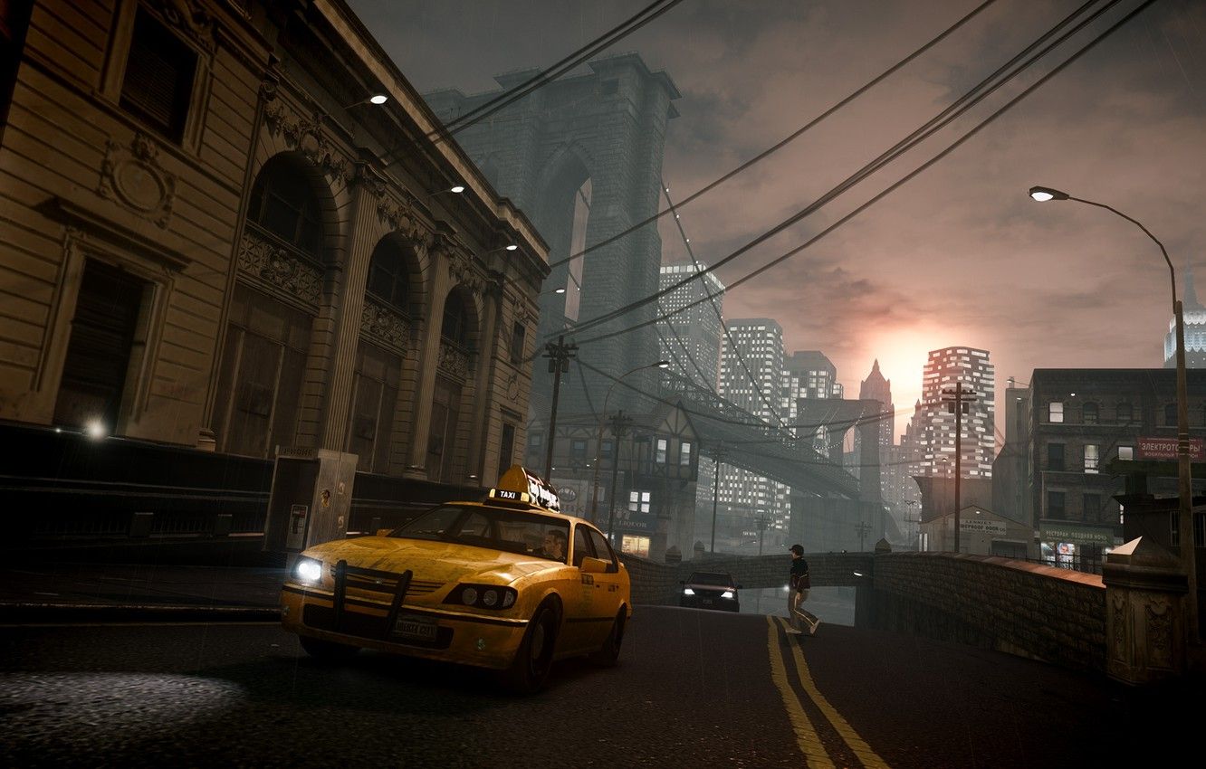 Taxi giallo, ponte, tramonto GTA, 1332x850 HD, Desktop