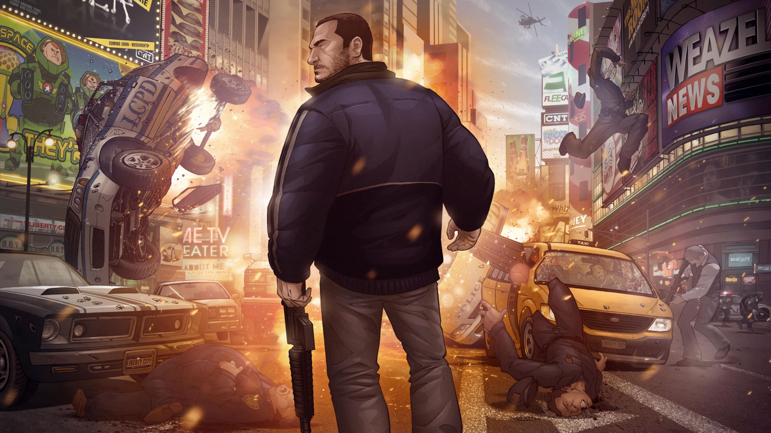 Niko Bellic esplosione città GTA IV, 2560x1440 1440p, Desktop