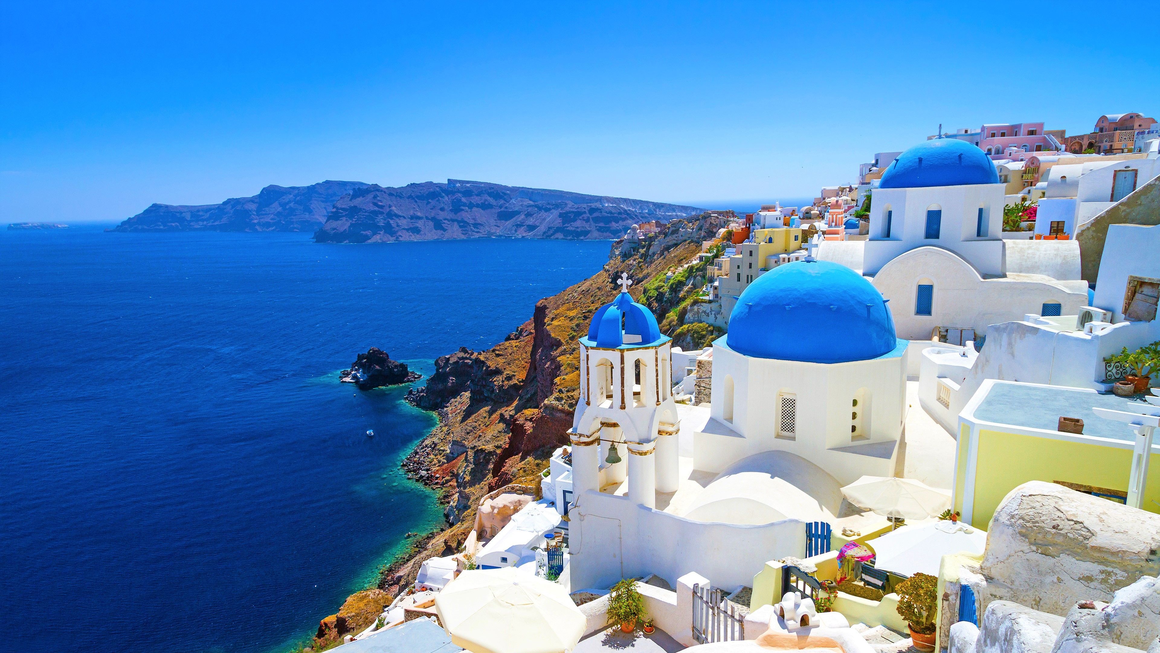 Santorini case bianche cupole blu, 3840x2160 UHD, PC 4K