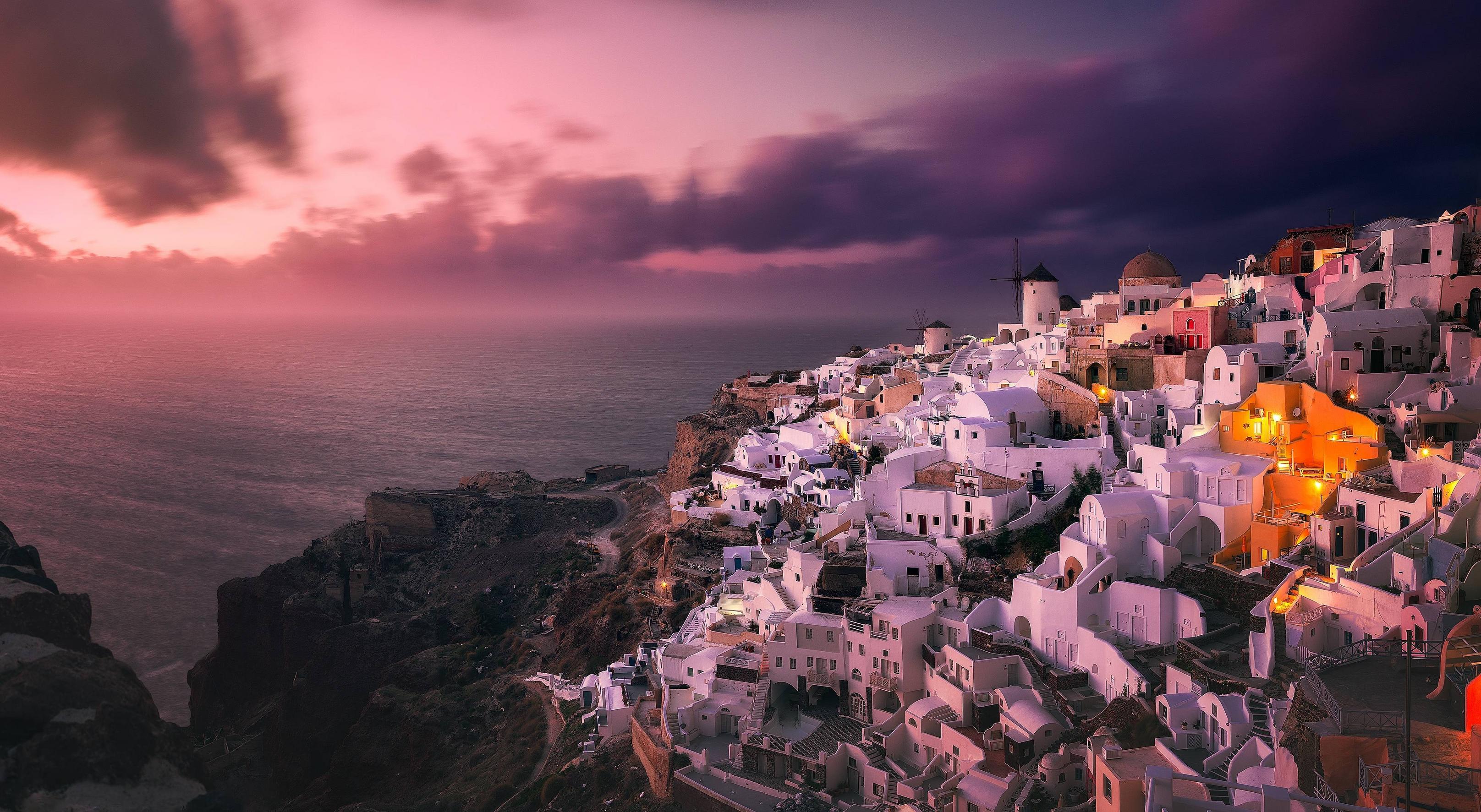 Santorini case bianche al tramonto, 3232x1773 2K+, Desktop