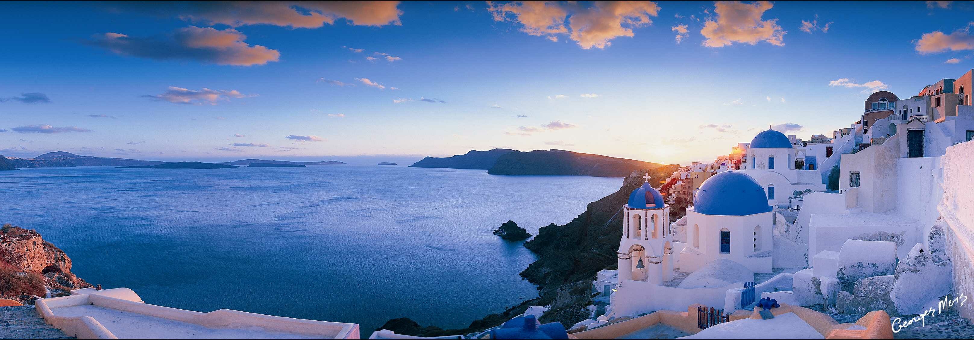 Santorini Grecia tramonto costa, 3232x1129 21:9, Ultrawide