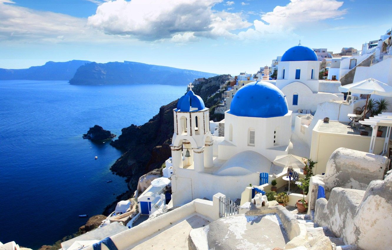 Santorini chiese cupole blu, 1332x850 HD, Notebook Gaming