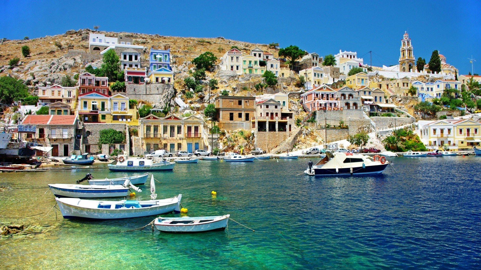 Porto greco con barche colorate, 1920x1080 Full HD, PC