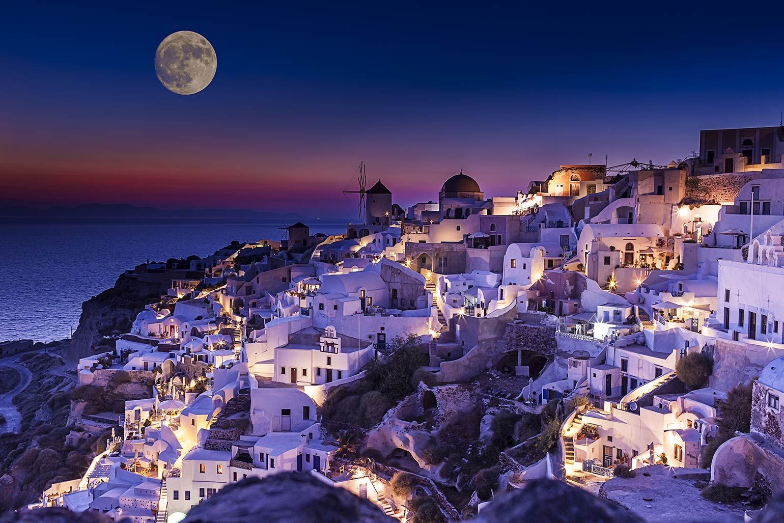 Santorini di notte con luna, 1540x1027 HD, Desktop