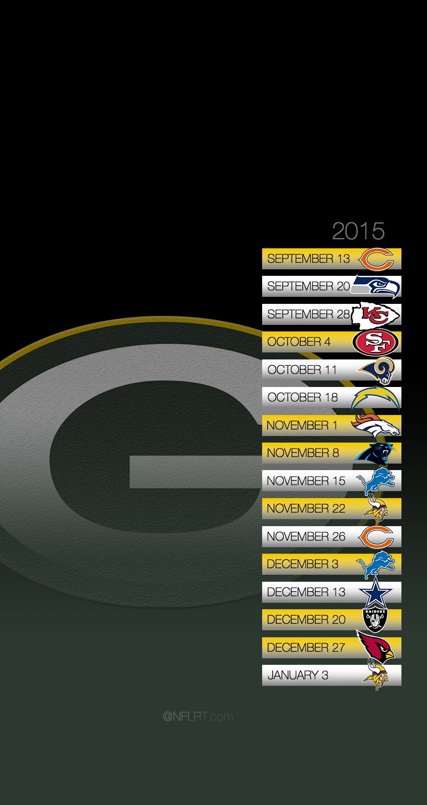 Calendario Green Bay Packers 2015, 852x1608 Verticale, iPhone Pro Max