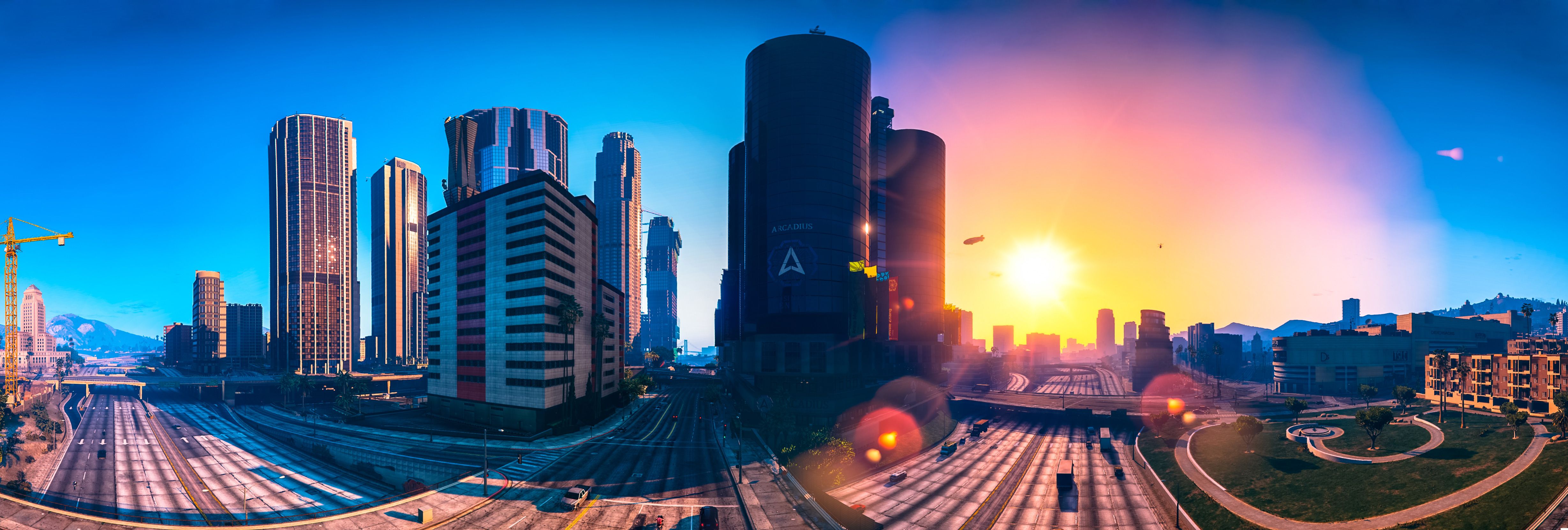 GTA 5 skyline al tramonto, 4916x1660 Panoramico, Monitor 4K