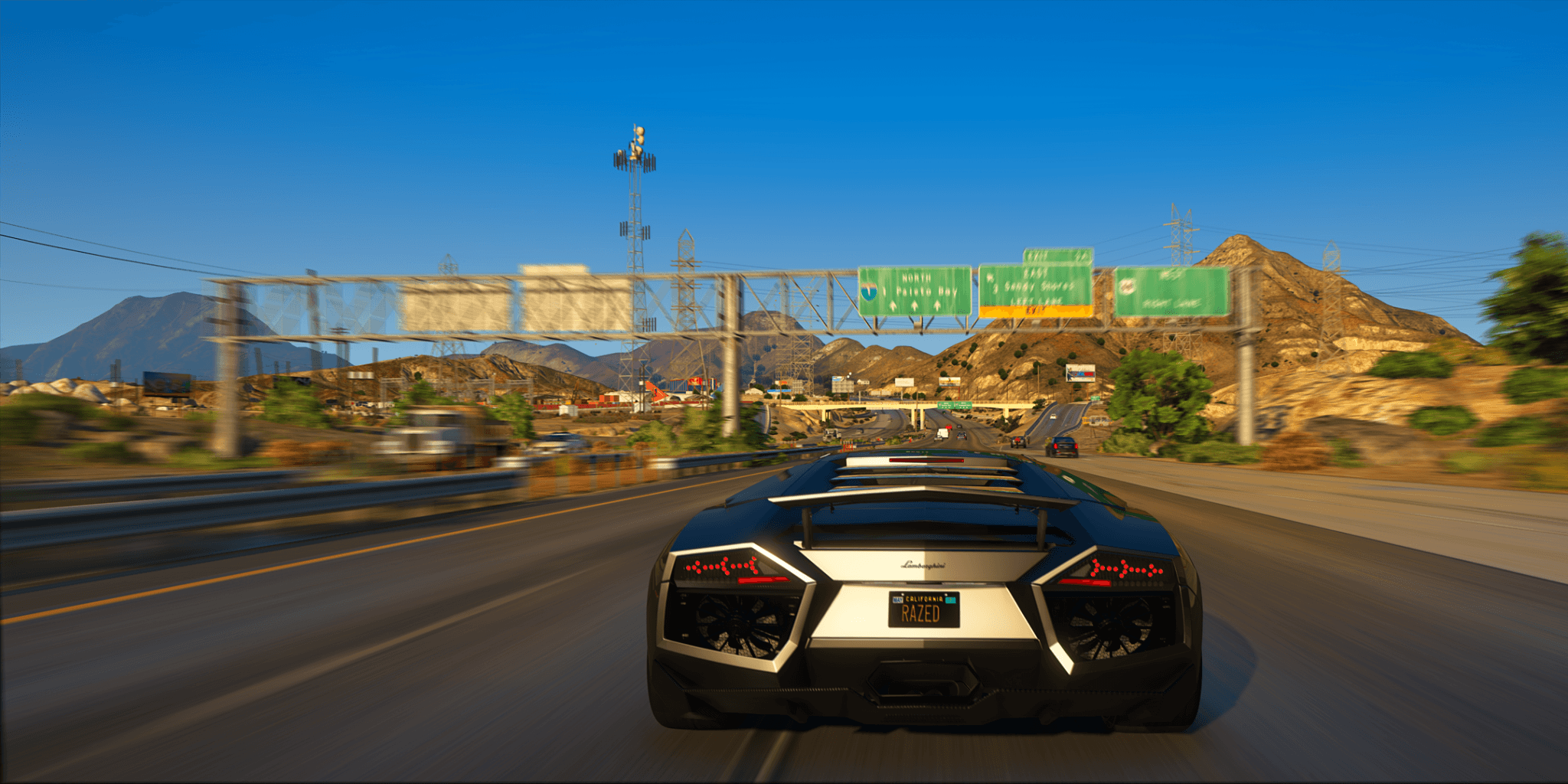 Lamborghini nera su autostrada GTA, supercar italiana, 2048x1024 2K, Desktop