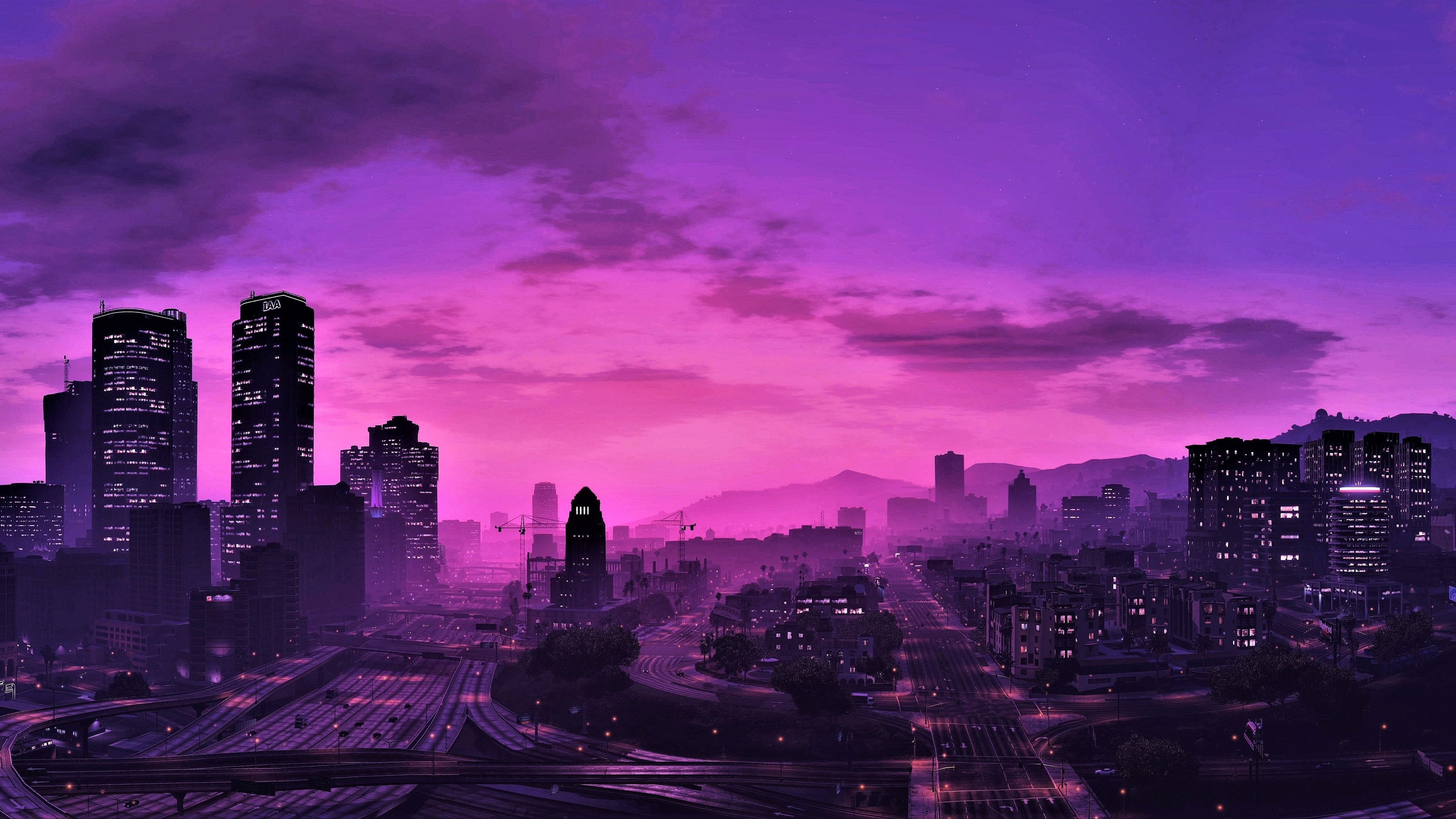 Città notturna viola, grattacieli, 3840x2160 Ultra HD, 4K TV