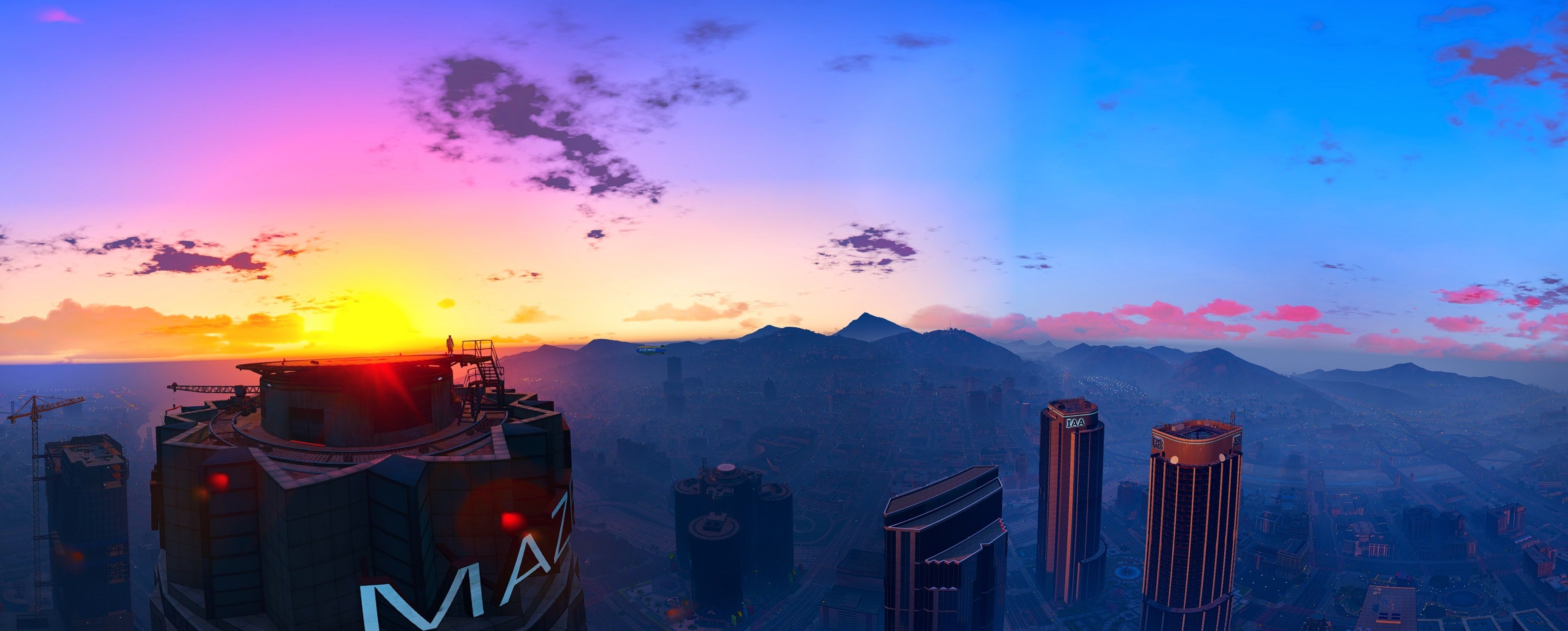 GTA 5 tramonto città, 3840x1545 Ultrawide, Dual Monitor
