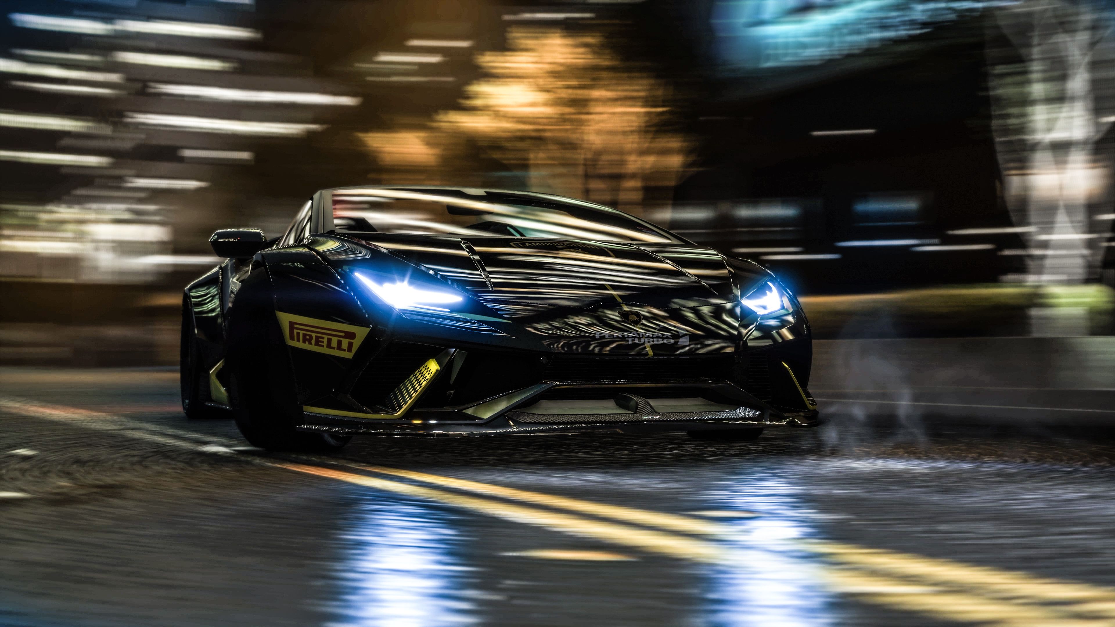 Lamborghini nera in movimento notturna, supercar italiana, 3840x2160 4K Ultra HD, Monitor 4K