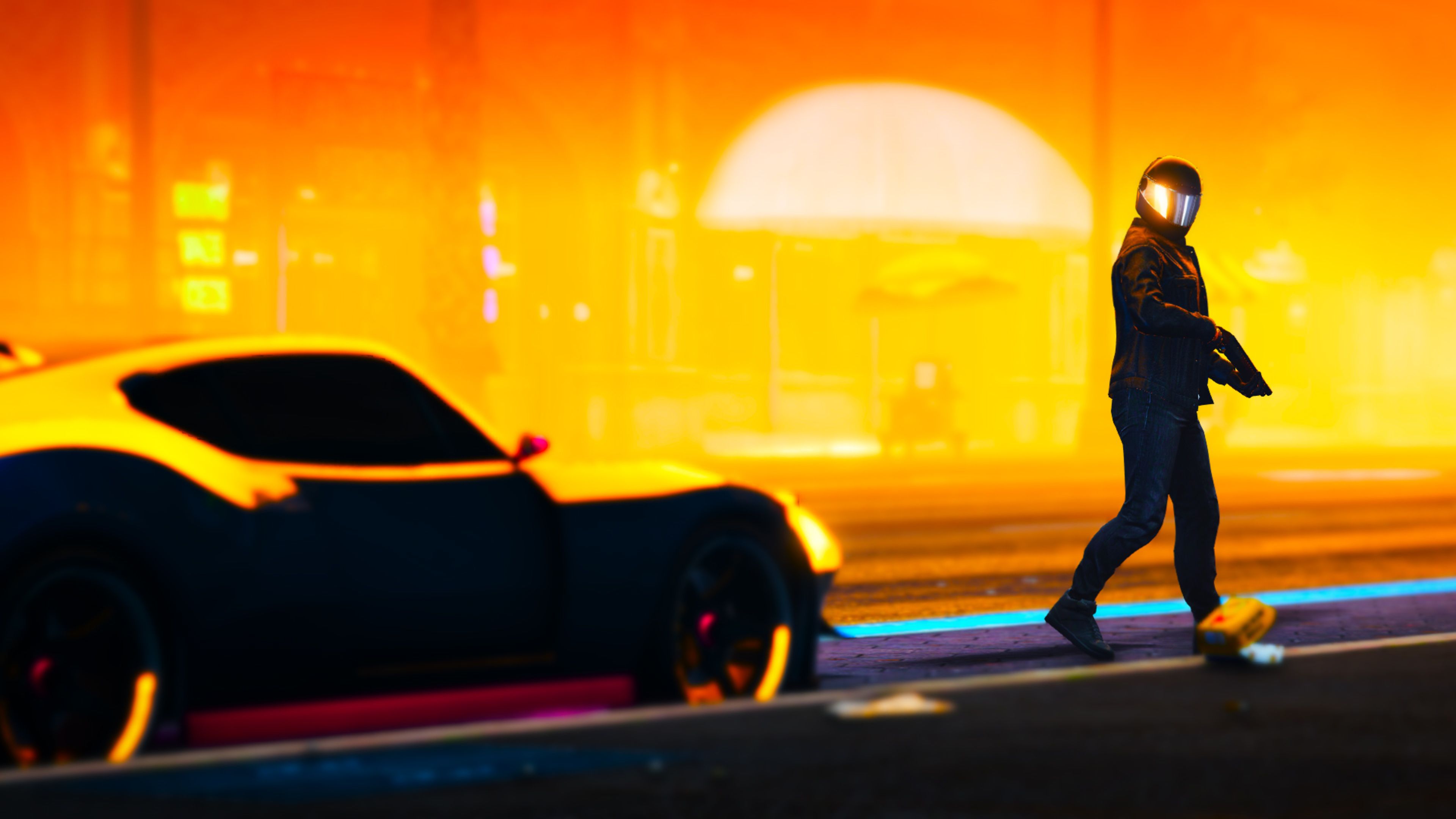 GTA 5 personaggio auto tramonto, Rockstar Games, 3840x2160 Ultra HD, 4K TV