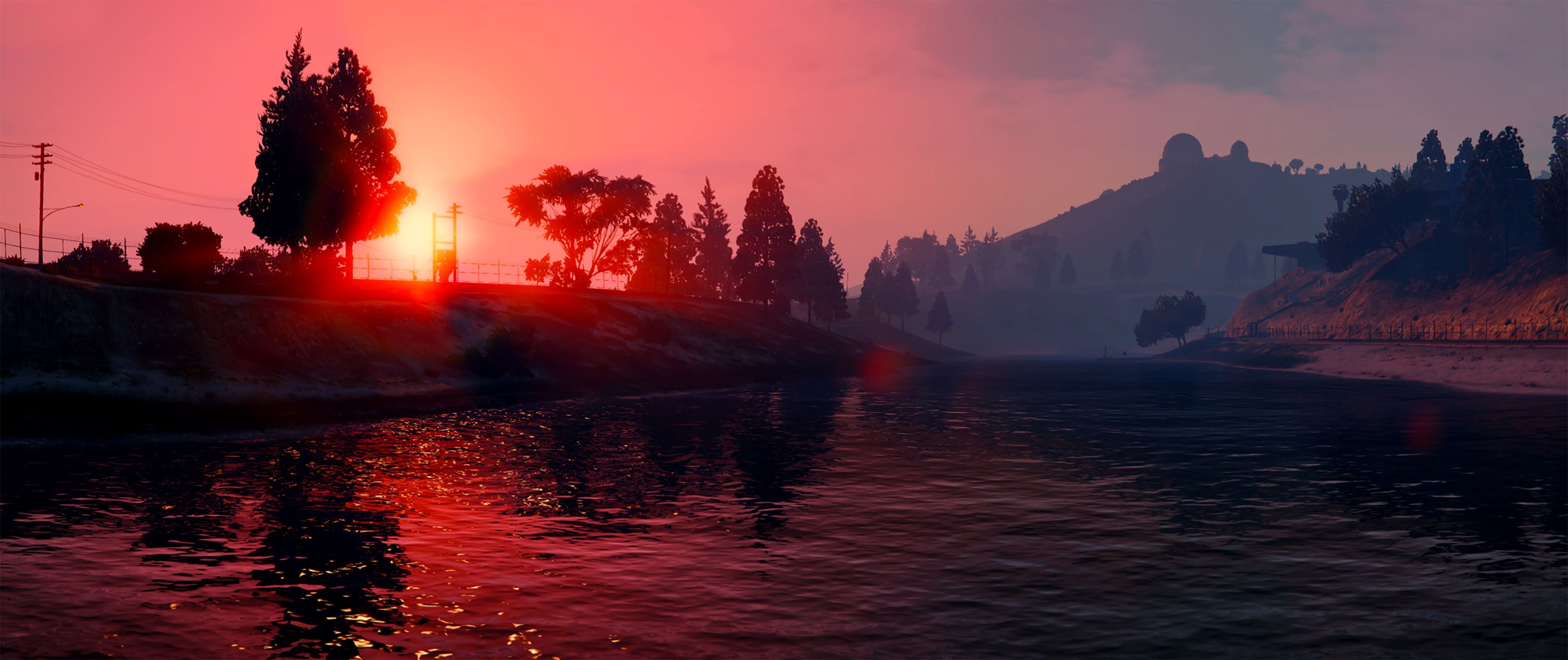 Tramonto rosso su lago GTA V, Grand Theft Auto, 3840x1617 Ultrawide, Dual Monitor