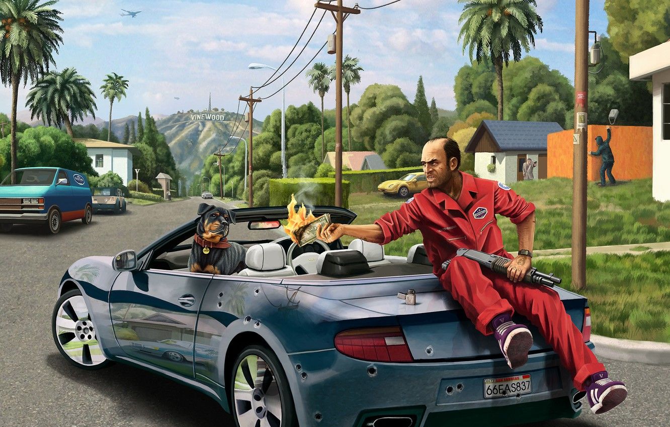 Trevor Phillips e Chop, GTA 5, 1332x850 720p, PC