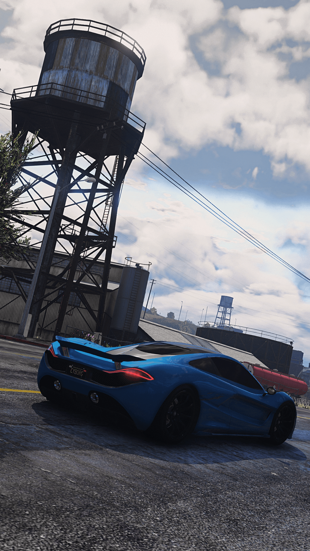 Auto sportiva blu, torre idrica GTA, 1080x1920 Verticale, Mobile