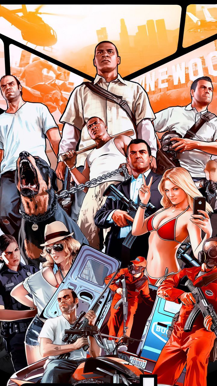 GTA 5 personaggi collage arancione, 720x1280 Full HD Verticale, Smartphone