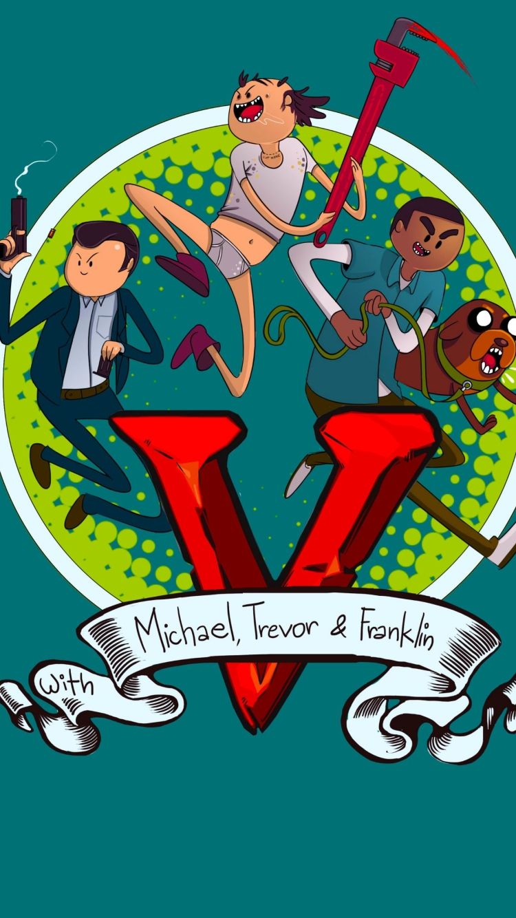 GTA 5 personaggi cartoon Michael Trevor Franklin, 750x1334 Verticale, Mobile