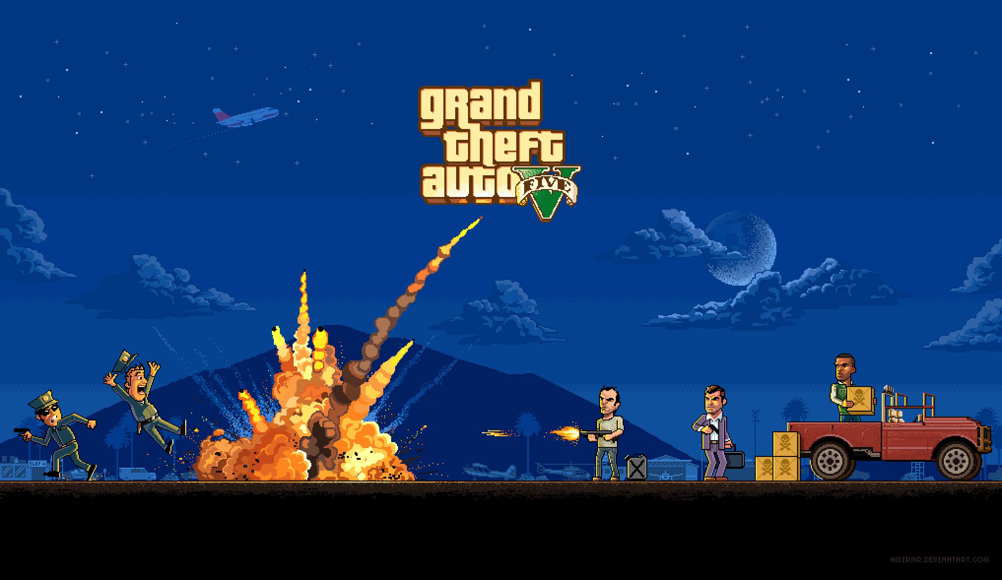 GTA 5 pixel art notturno, 2034x1178 alta risoluzione, PC