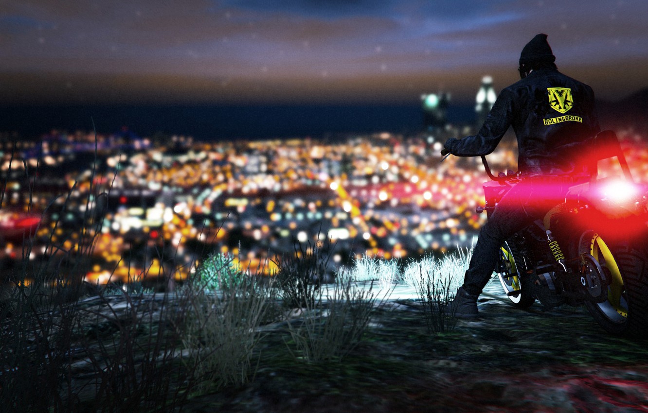 GTA V motociclista citta notturna, 1332x850 HD, Desktop