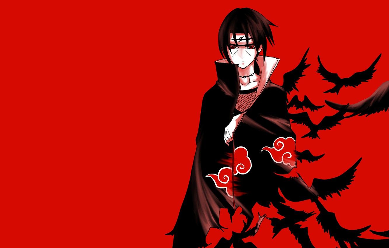 Itachi Uchiha, sfondo rosso, corvi, Naruto, 1332x850 HD, Desktop