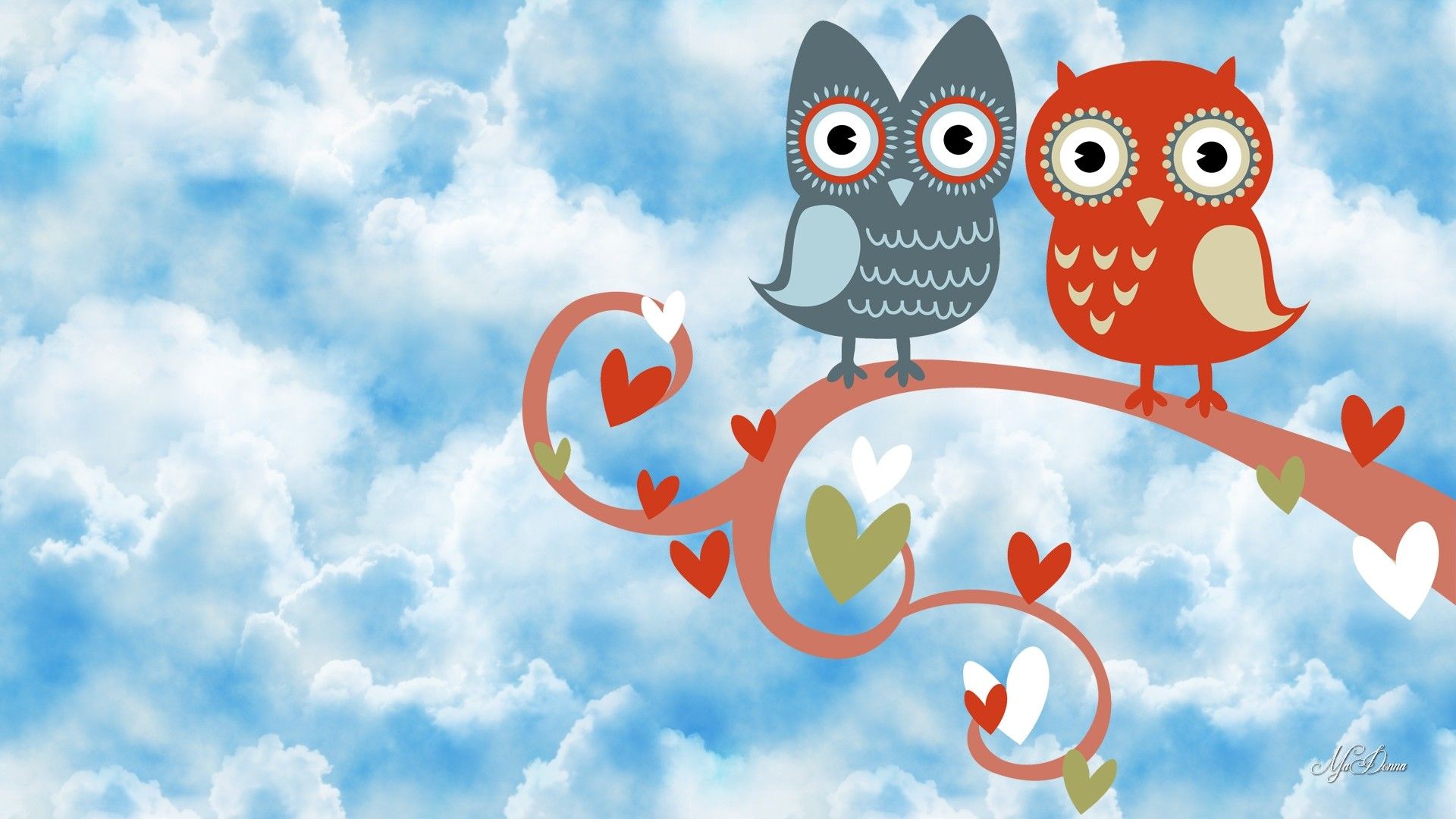Due gufi colorati su ramo, 1920x1080 Full HD, Desktop