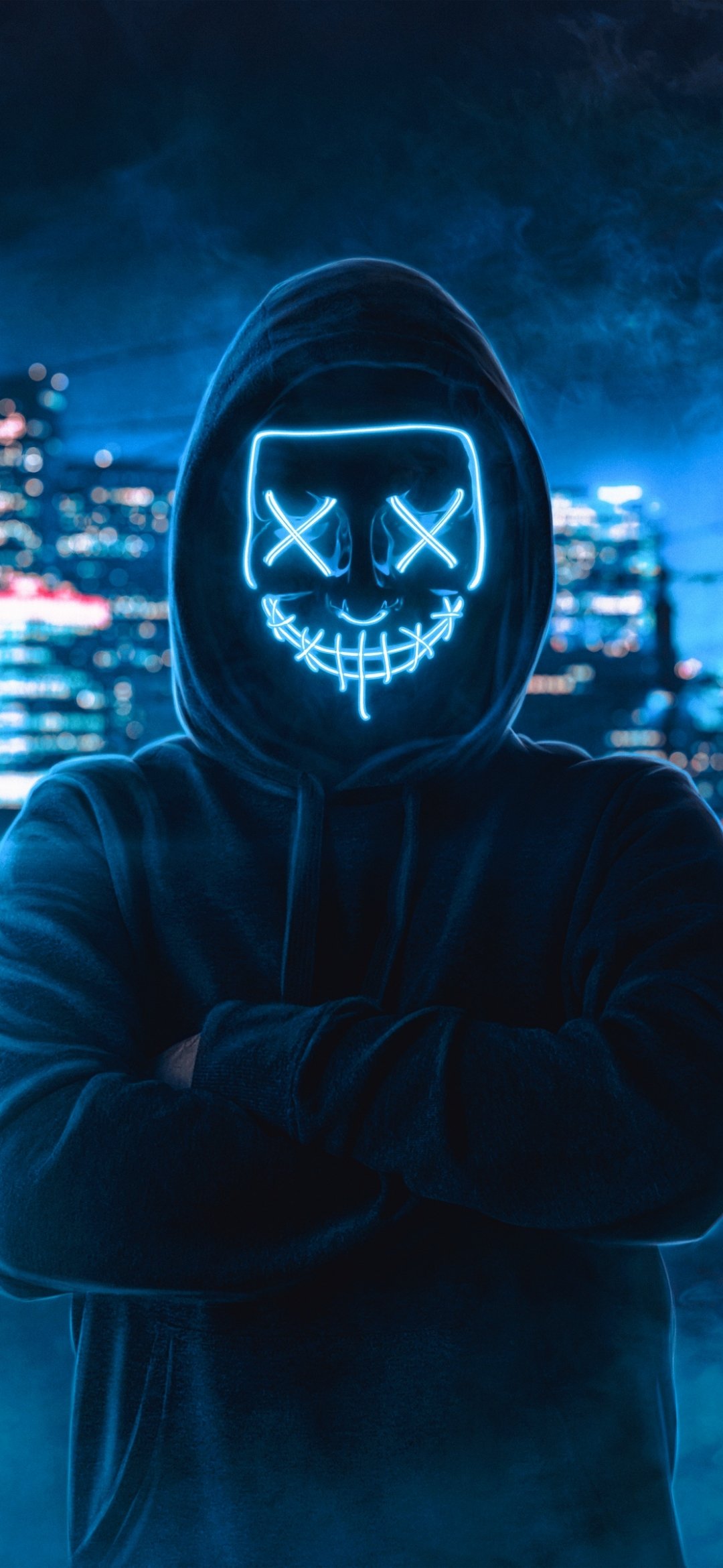 maschera neon blu grattacieli, 1080x2340 Verticale, Mobile