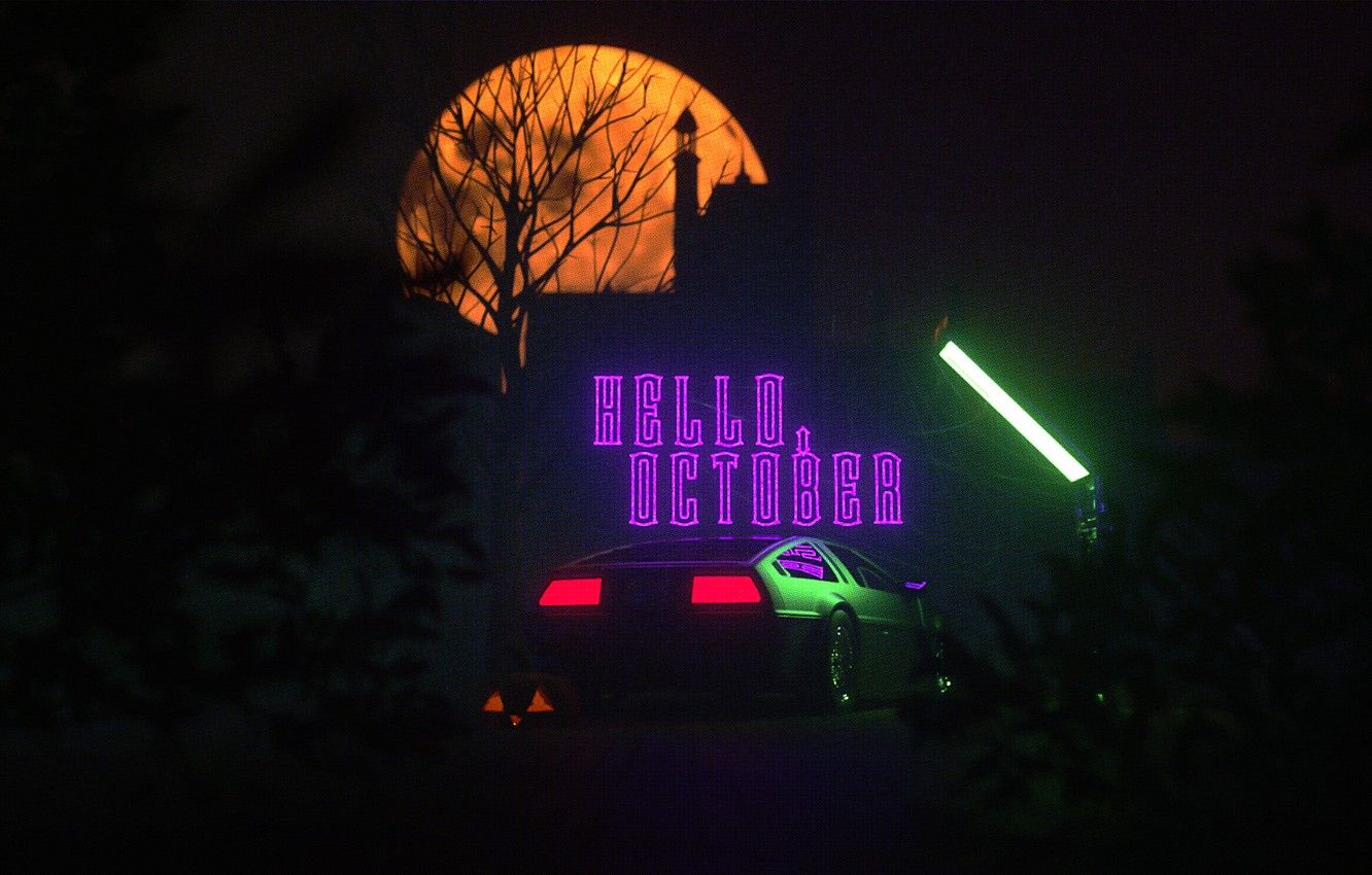 Auto neon luna piena Halloween, 1332x850 HD, Desktop