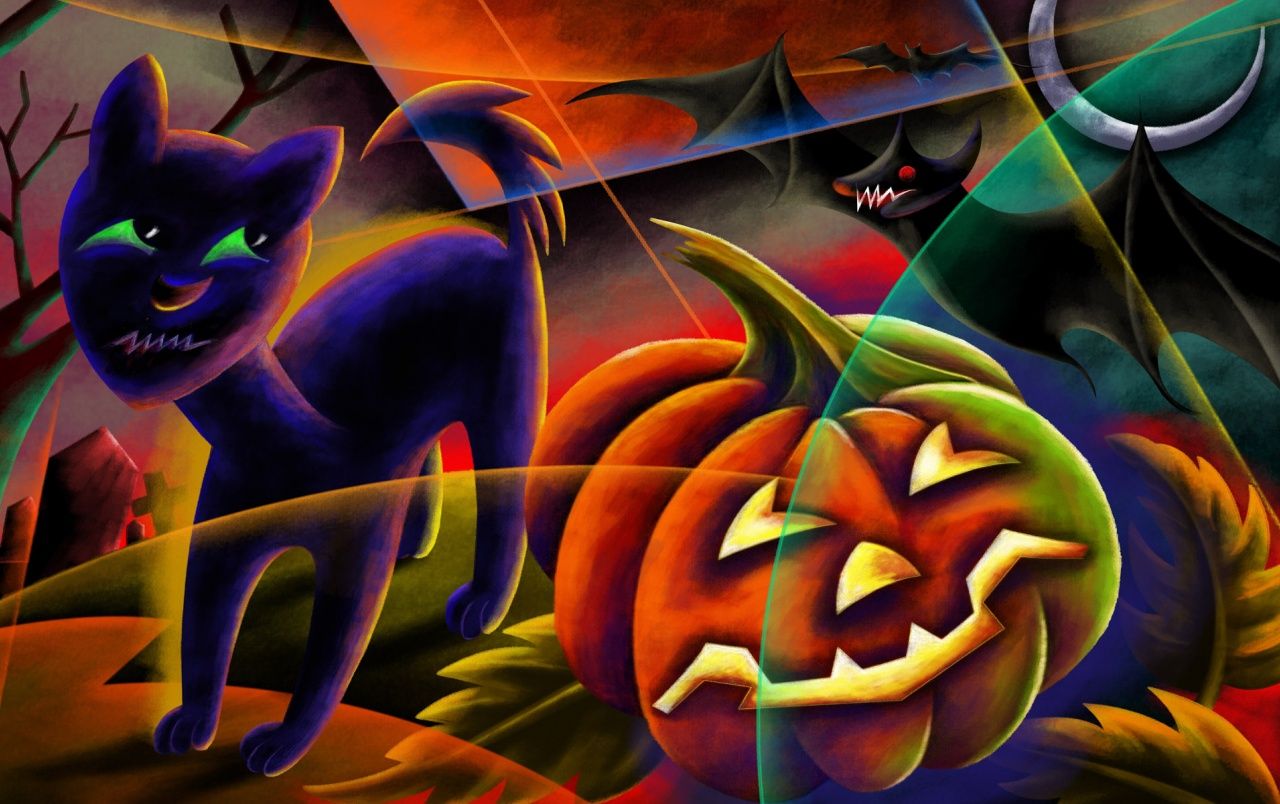 Gatto nero e zucca Halloween, 1280x804 HD, Desktop