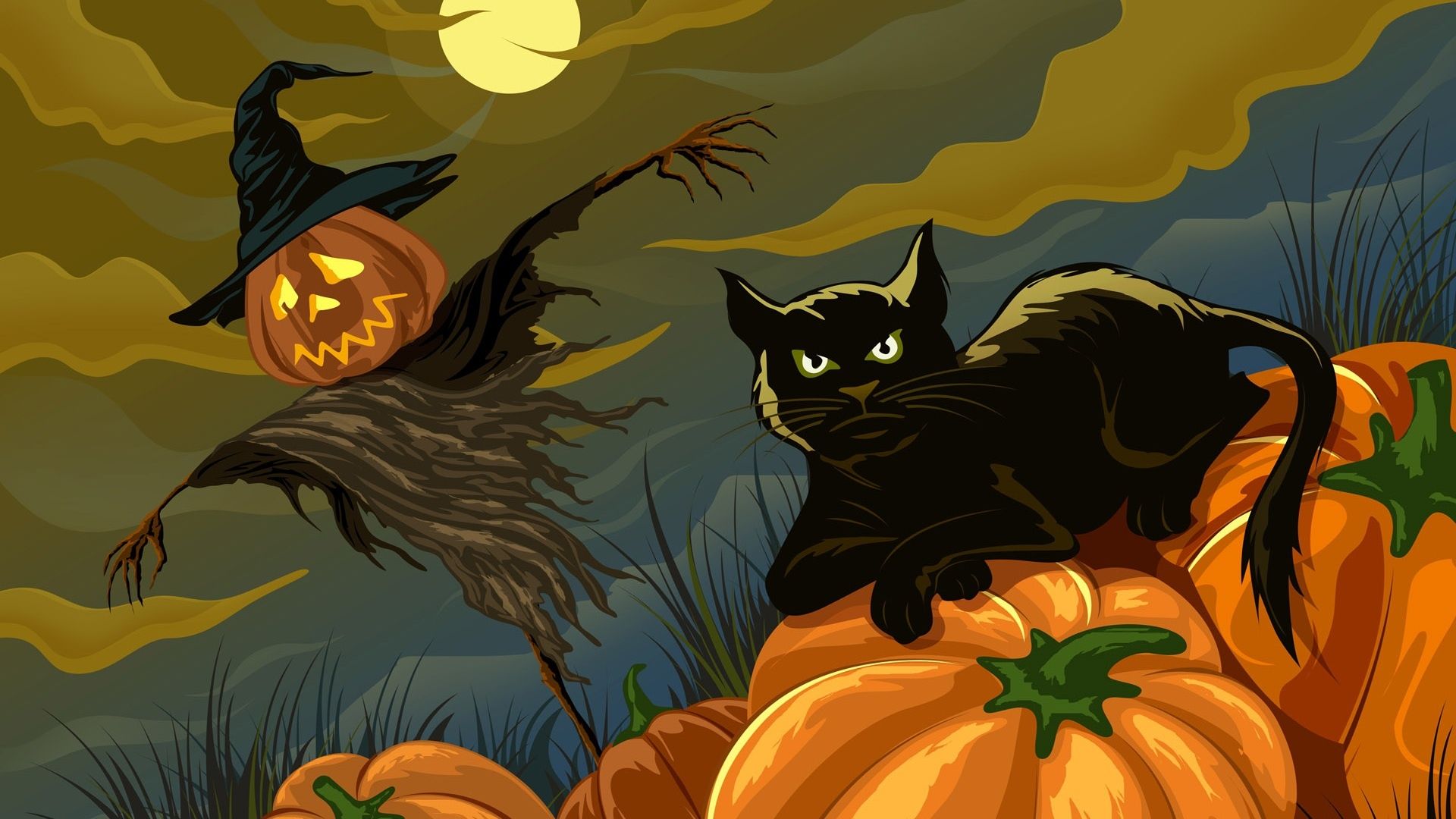 Gatto nero e spaventapasseri Halloween, 1920x1080 Full HD, PC Desktop