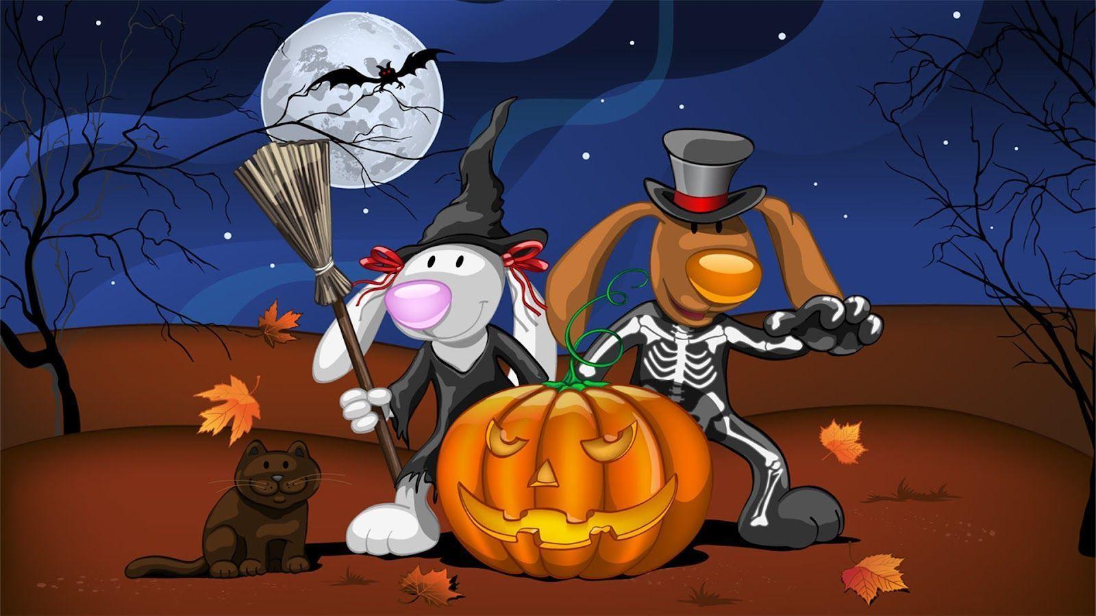 Coniglio strega e scheletro Halloween, 1600x900 HD Ready, PC