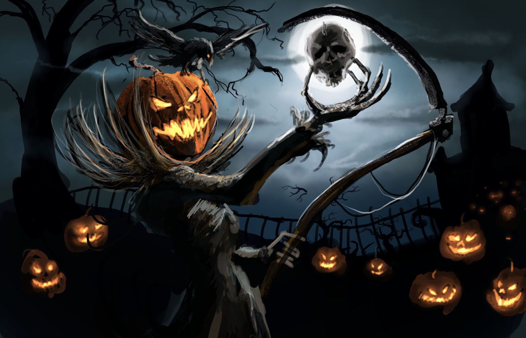 Spaventapasseri zucca con falce, 1680x1080 HD, Laptop