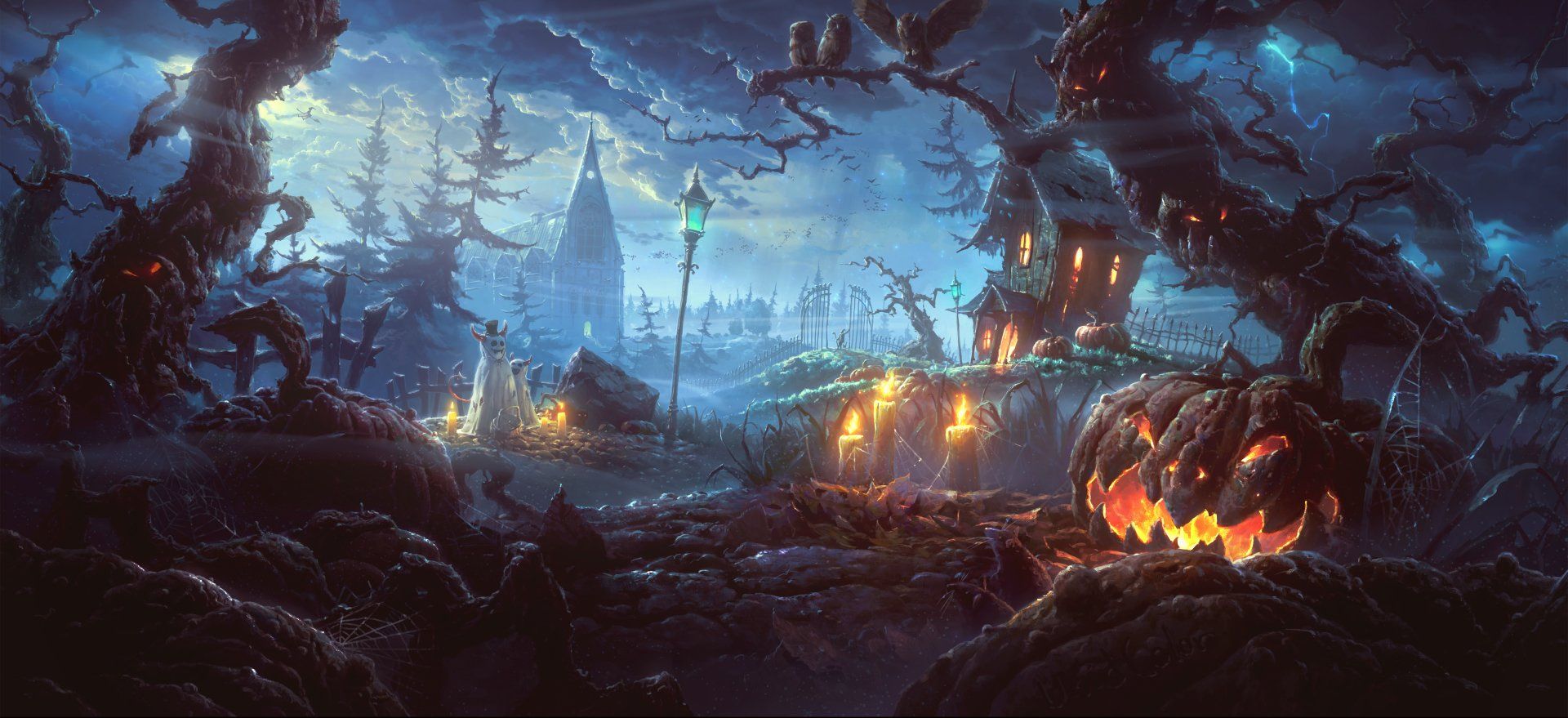 Villaggio horror con zucca luminosa, 1920x879 Full HD 1080p, Laptop