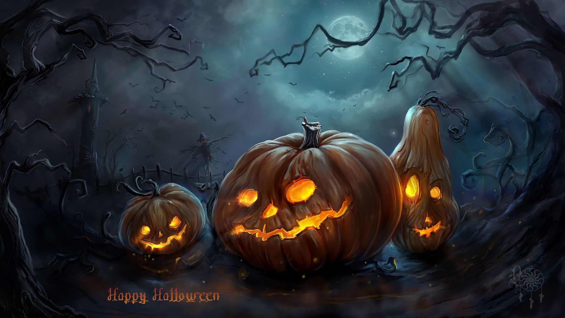 Zucche di Halloween illuminate notte, 1920x1080 Full HD 1080p, PC