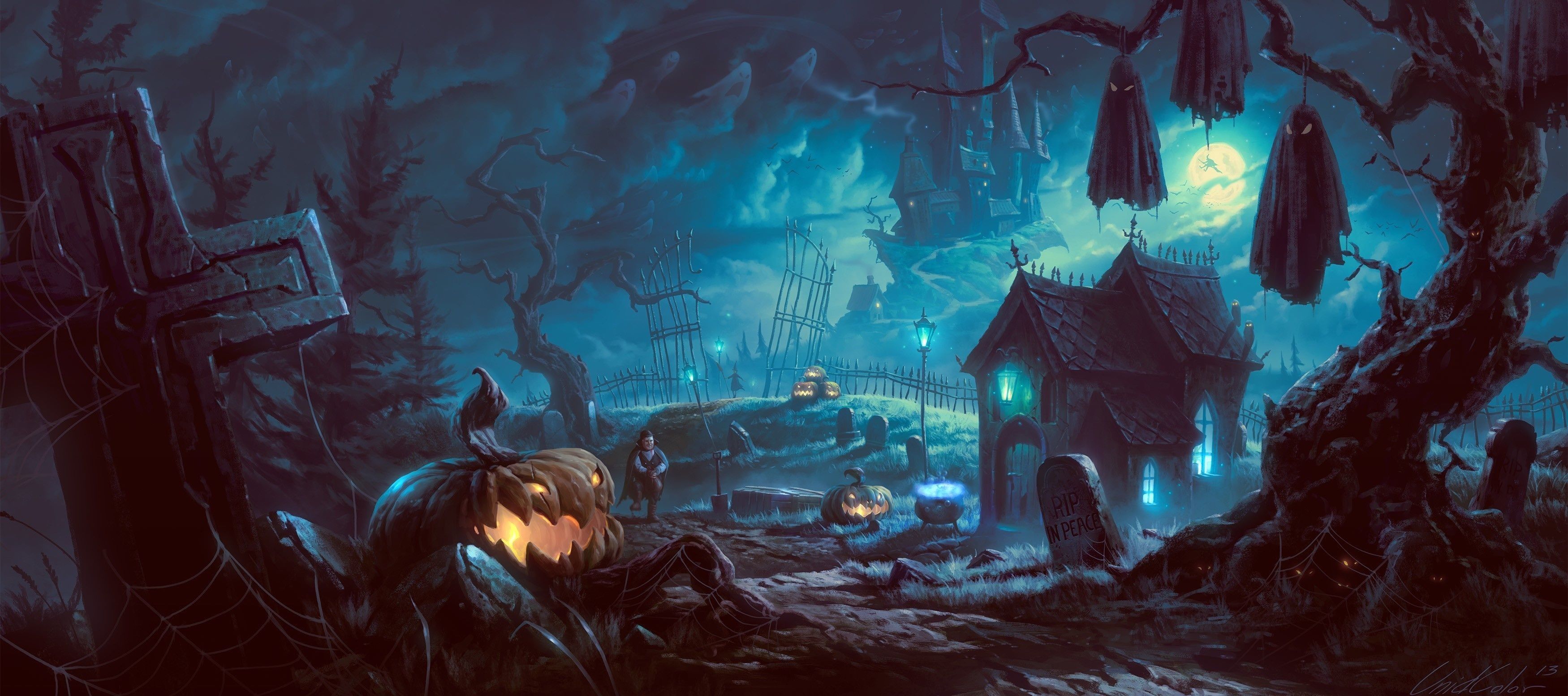 Cimitero spettrale notte Halloween, sfondo 3500x1553 Ultrawide, Dual Monitor